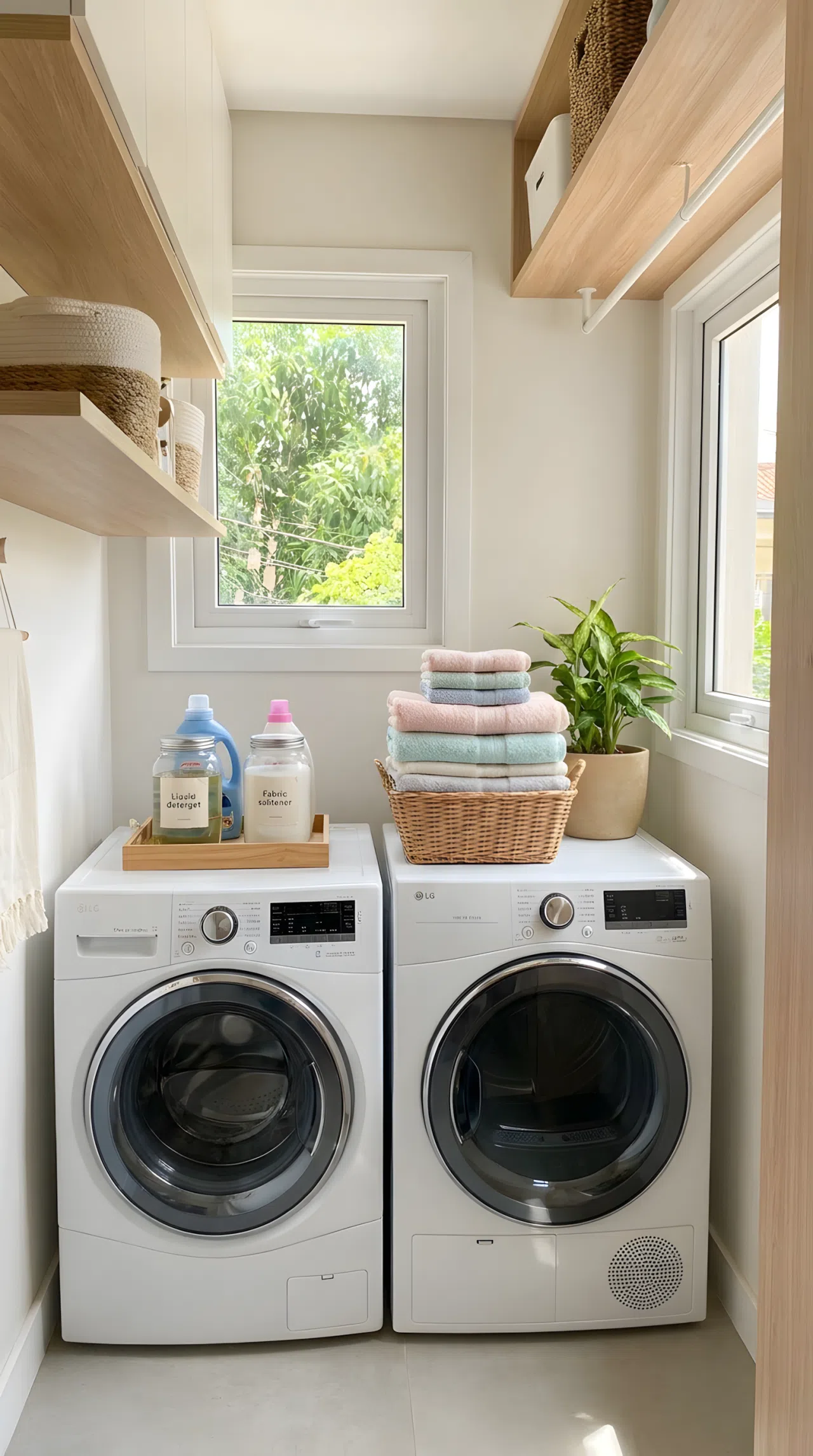 Real-life photo of front-load washer and dryer in a narrow laundry room with a small tray of detergent bottles neatly made on top, beautifully arranged folded laundry beside it, organized and clean space, bright natural light, vibrant colors, stock photography style