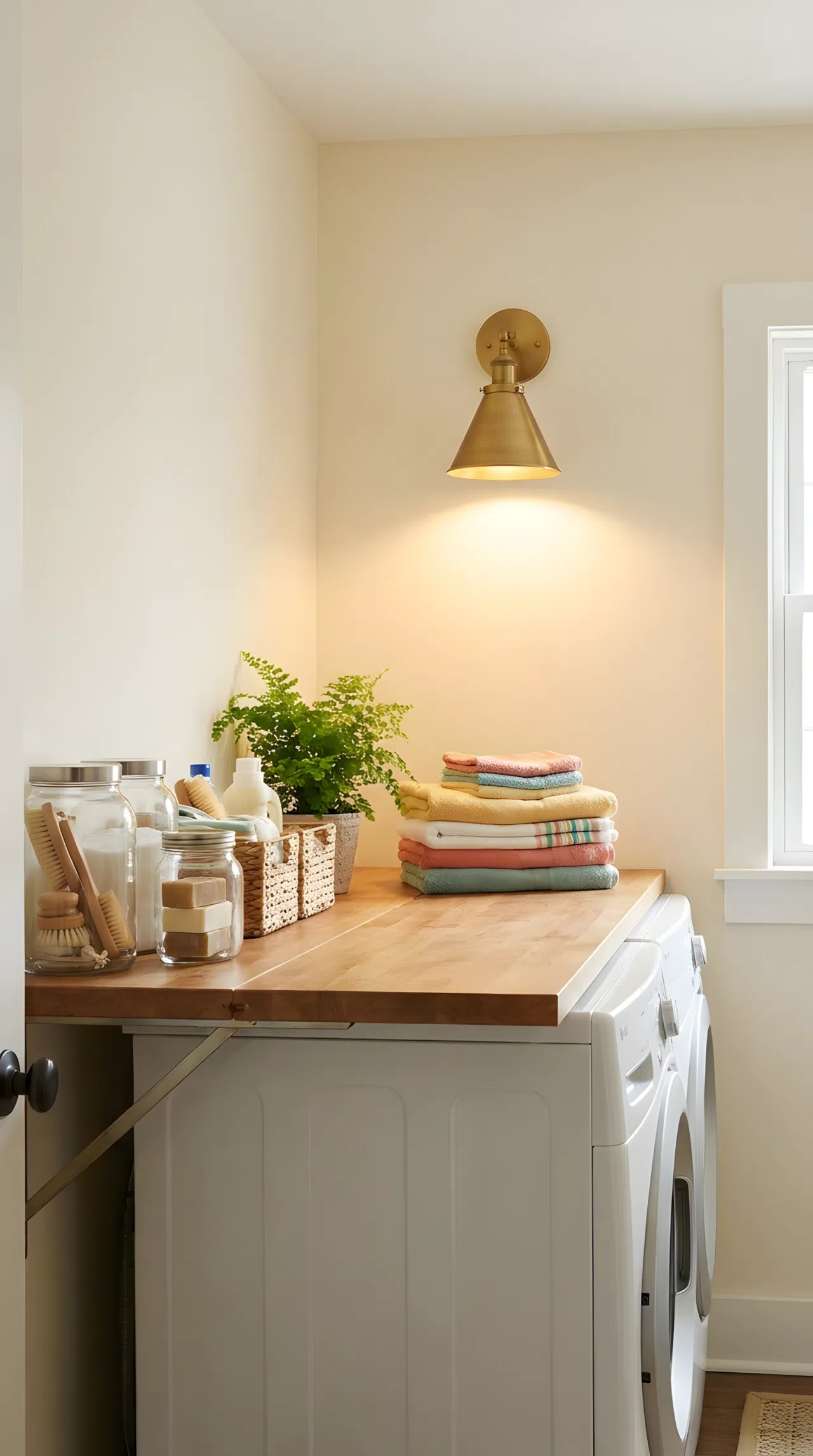 Real-life photo of a narrow laundry room with a wall sconce mounted directly above a folding counter, warm focused light illuminating neatly folded towels on the counter below, beautifully arranged laundry supplies to the side, organized and clean space, soft directional light casting minimal shadows, vibrant colors, stock photography style