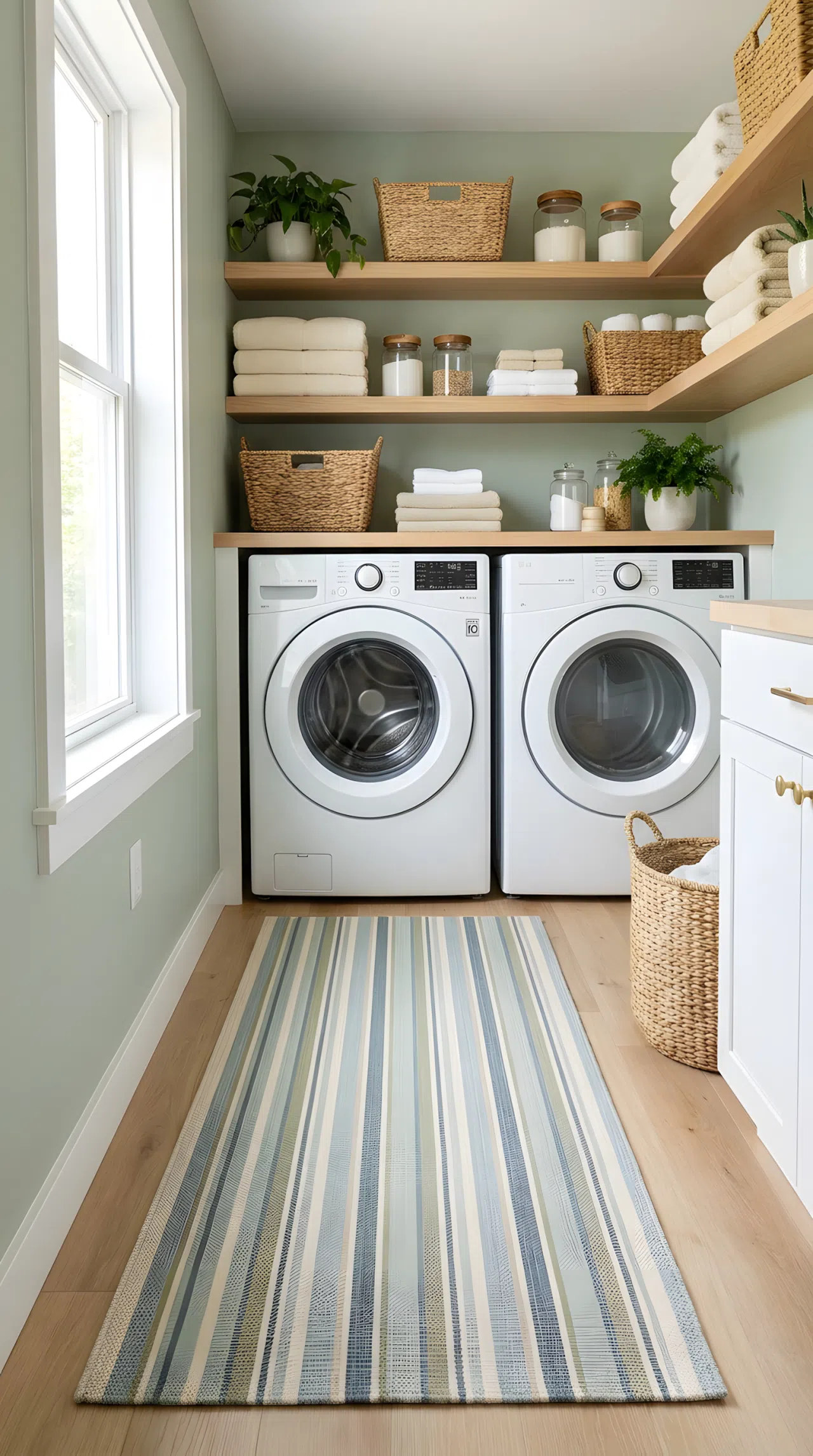 Real-life photo of a narrow laundry room painted pale sage green with a vertical-striped runner rug on the floor, neatly made shelving with folded towels, beautifully arranged baskets, organized and clean space, bright natural light emphasizing the light wall color, vibrant colors, stock photography style