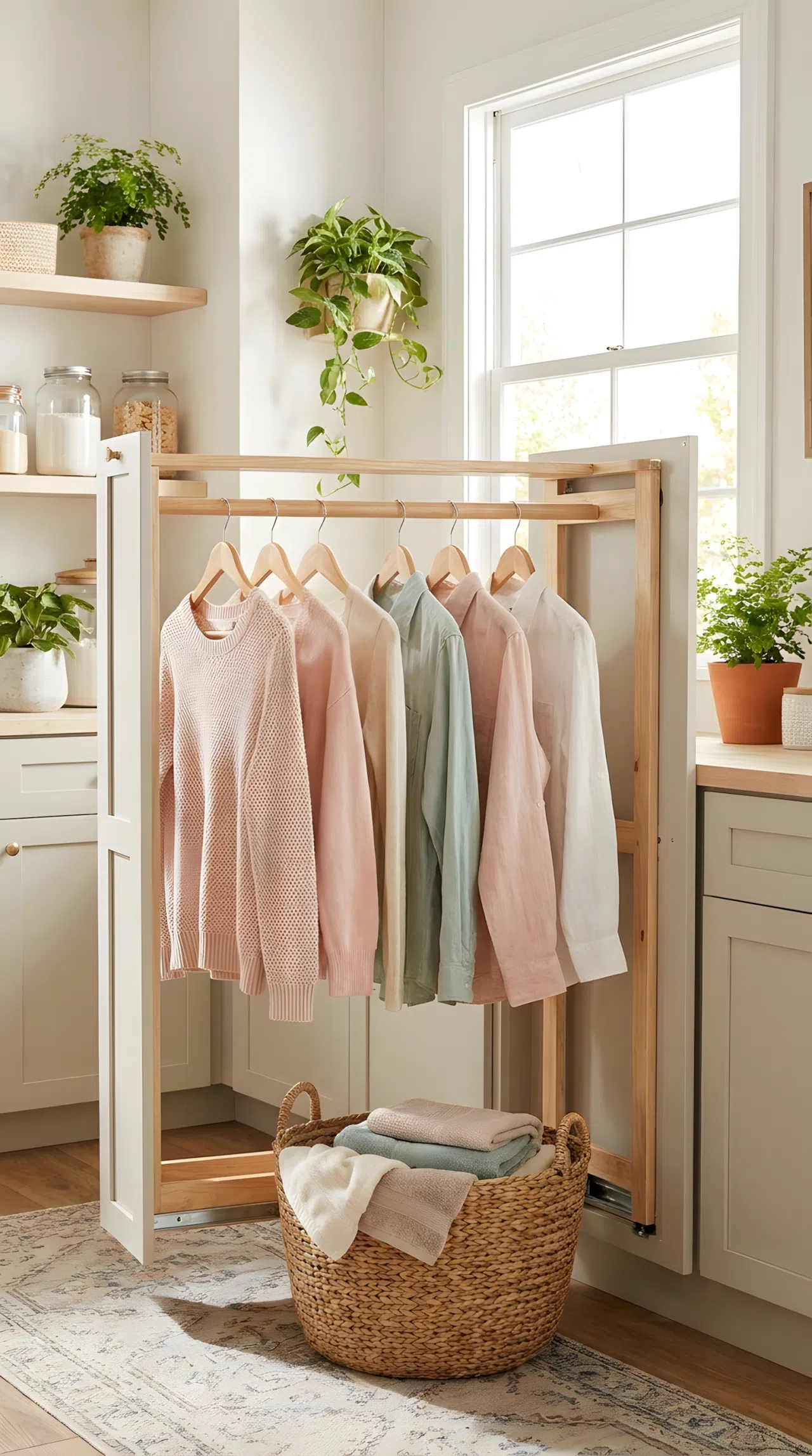 Real-life photo of a slim pull-out drying rack extended from a narrow gap in a laundry room, neatly made with delicate sweaters hanging, beautifully arranged nearby laundry basket, organized and clean space, bright natural light, vibrant colors, stock photography style