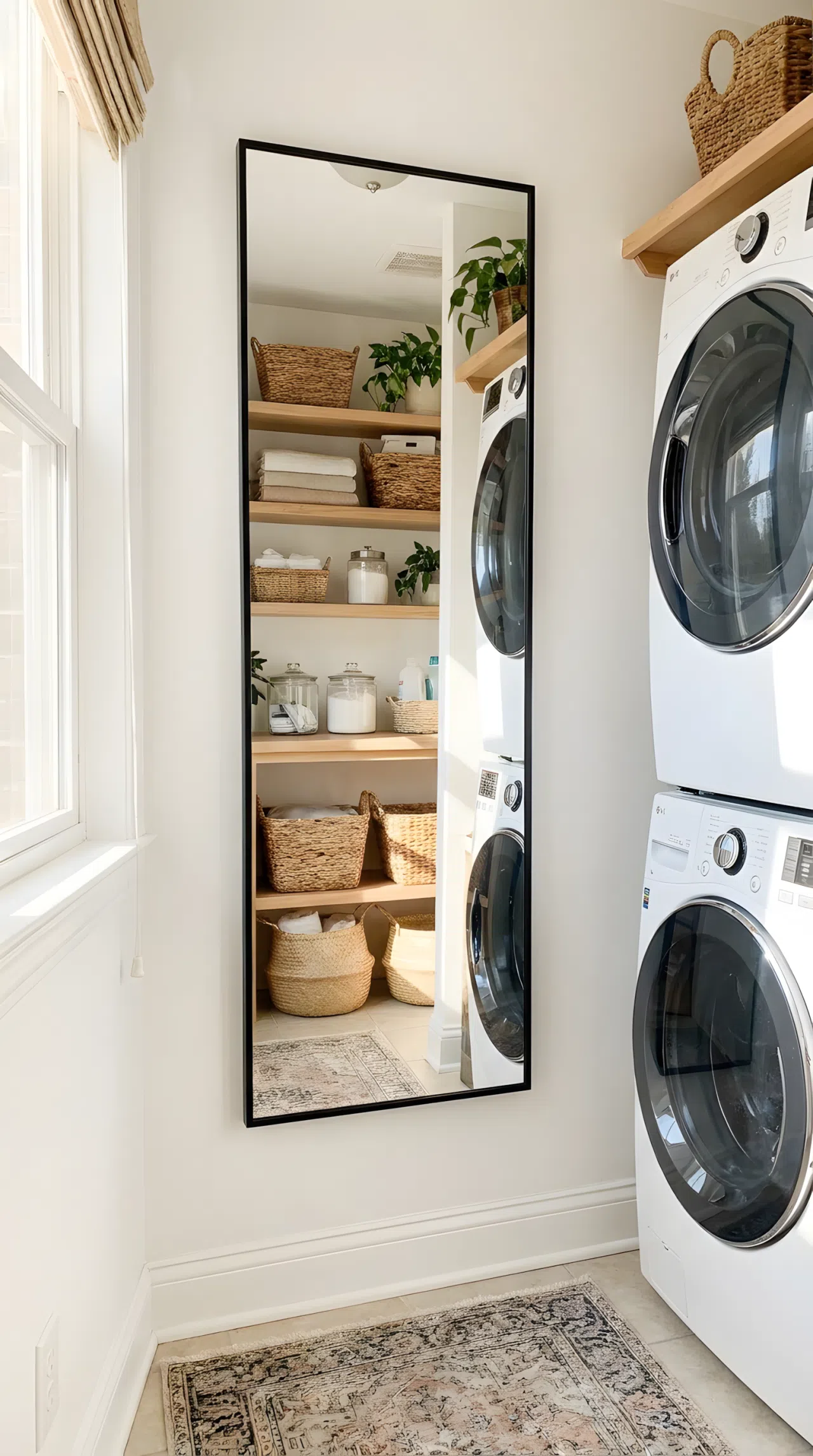 Real-life photo of a narrow laundry room with a large slim-framed mirror mounted on the wall opposite the washer and dryer, neatly made shelving reflected in the mirror, beautifully arranged baskets, organized and clean space, bright natural light bouncing off the mirror, vibrant colors, stock photography style