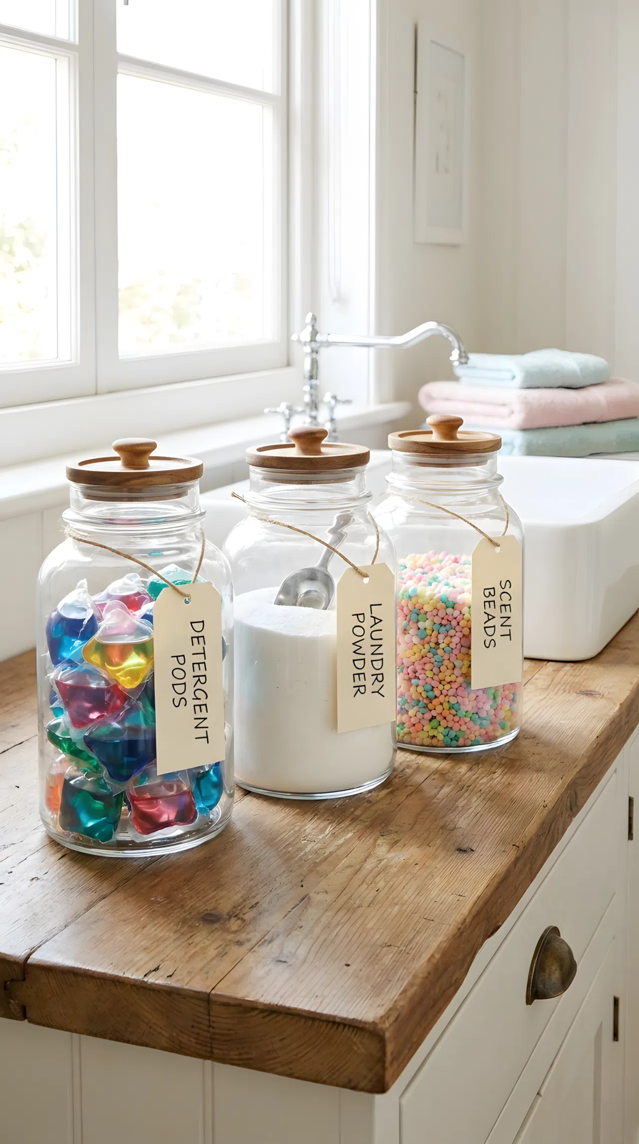 Real-life photo of matching glass canisters filled with detergent pods and powder on a narrow laundry room counter, neatly made labels visible, beautifully arranged in a row, organized and clean space, bright natural light, vibrant colors, stock photography style