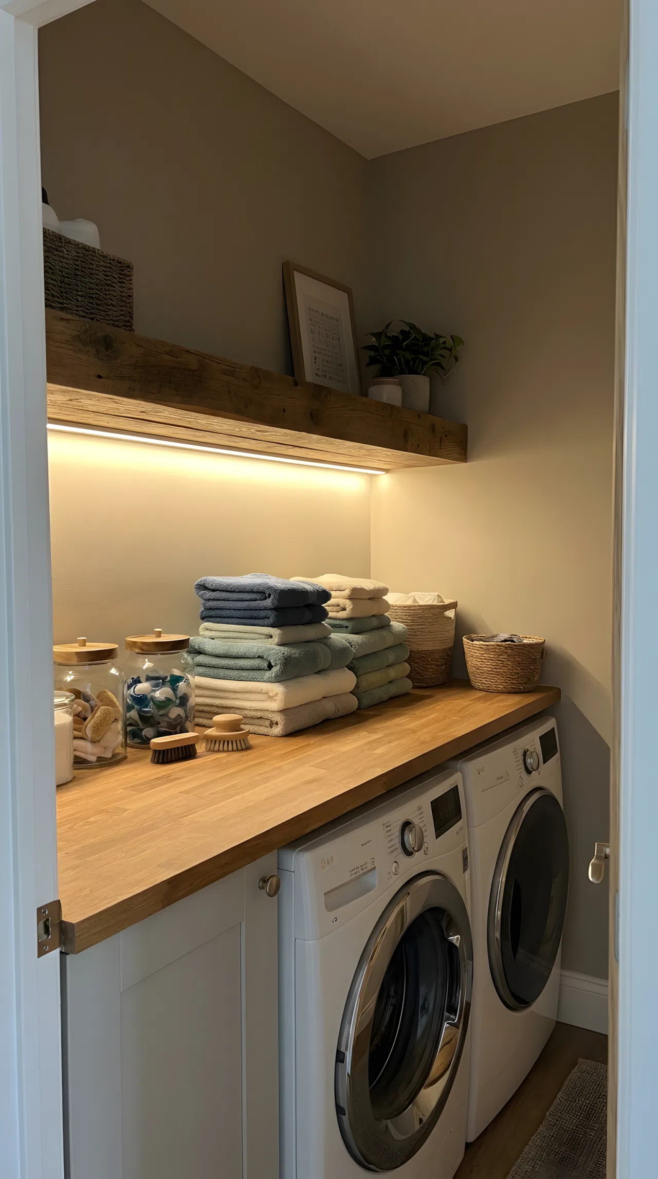 Real-life photo of a narrow laundry room with warm LED light strips mounted under a floating shelf, illuminating a counter with neatly made folded towels below, beautifully arranged supplies, organized and clean space, soft even glow highlighting the counter surface, vibrant colors, stock photography style