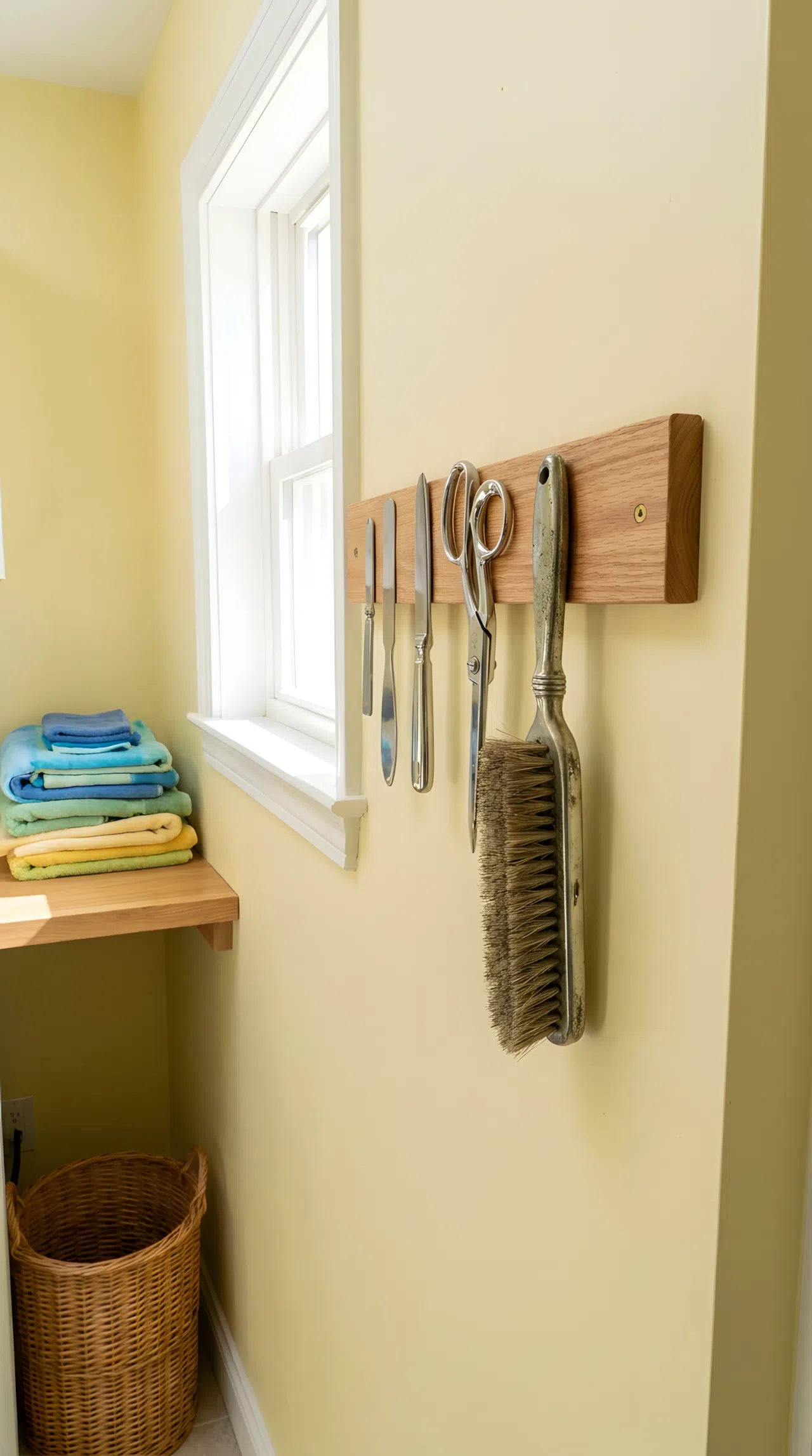 Real-life photo of a magnetic strip mounted on a narrow laundry room wall holding scissors and a metal lint brush, neatly made and beautifully arranged, organized and clean space, bright natural light, vibrant colors, stock photography style