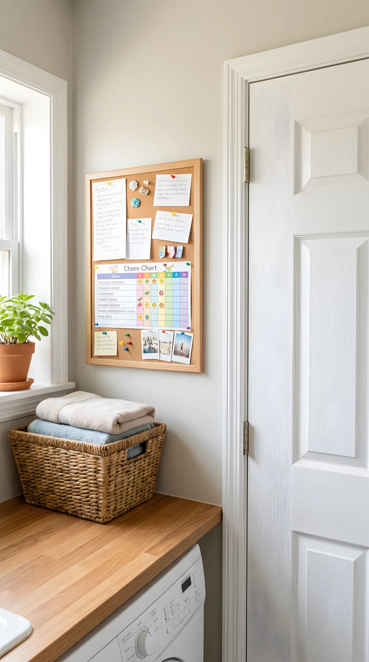 Real-life photo of a small corkboard mounted on a narrow laundry room wall near the door, neatly made with pinned notes and a chore chart, beautifully arranged pins and cards, organized and clean space, bright natural light, vibrant colors, stock photography style