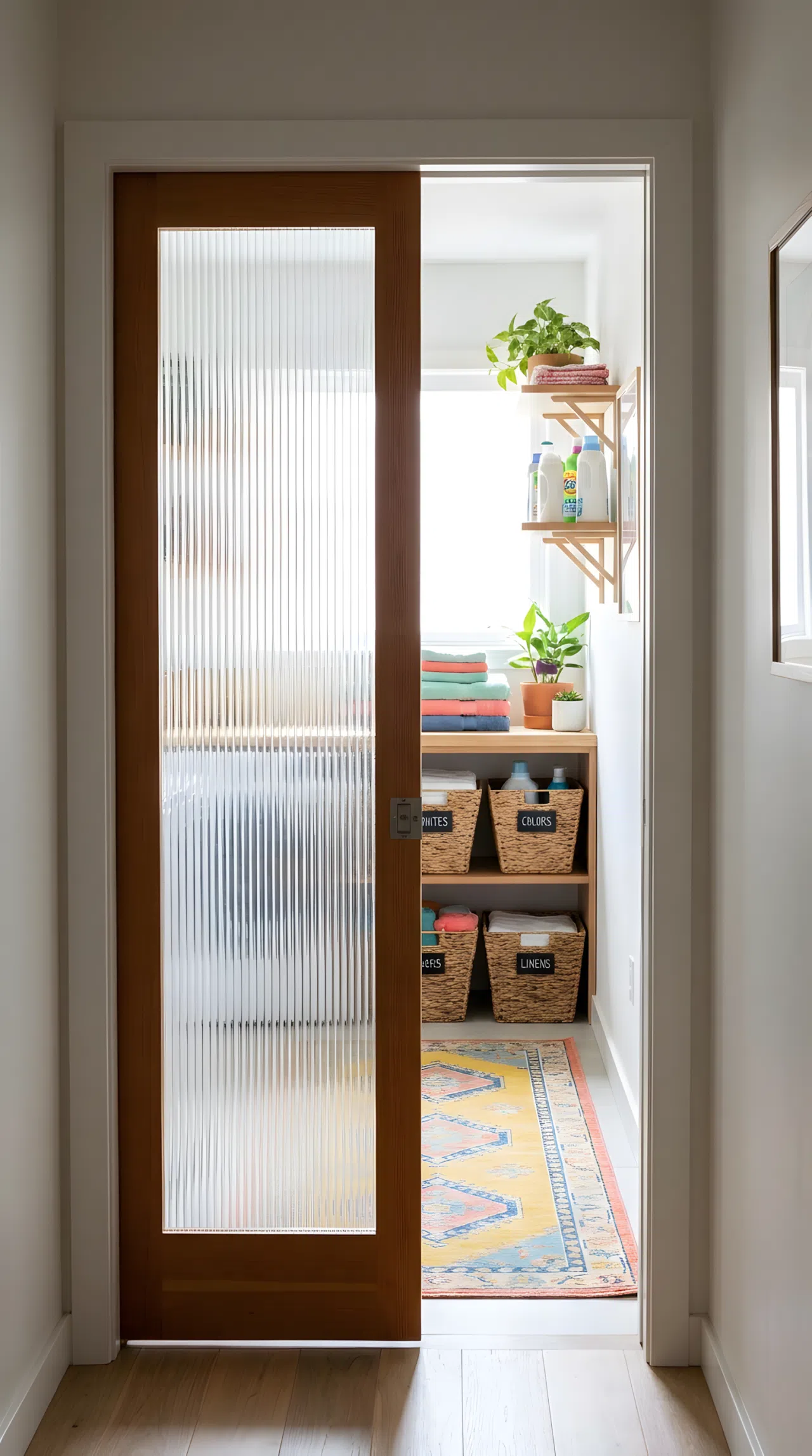 Real-life photo of a narrow laundry room with a frosted reeded glass door letting soft daylight pass through, neatly made shelving visible inside, beautifully arranged baskets, organized and clean space, bright natural light diffusing through the glass, vibrant colors, stock photography style