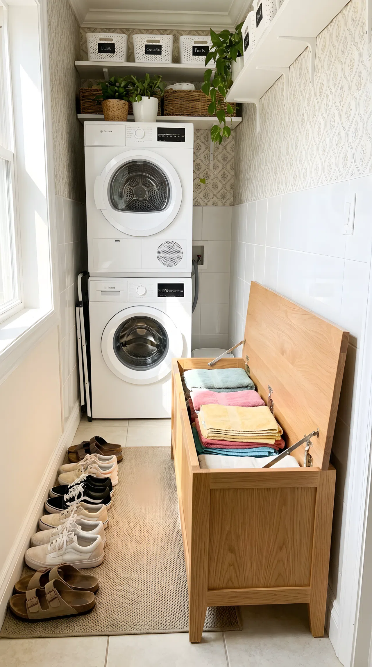 Real-life photo of a slim wooden lift-up storage bench at the end of a narrow laundry room, seat open showing neatly made folded linens inside, beautifully arranged shoes beside it, organized and clean space, bright natural light, vibrant colors, stock photography style