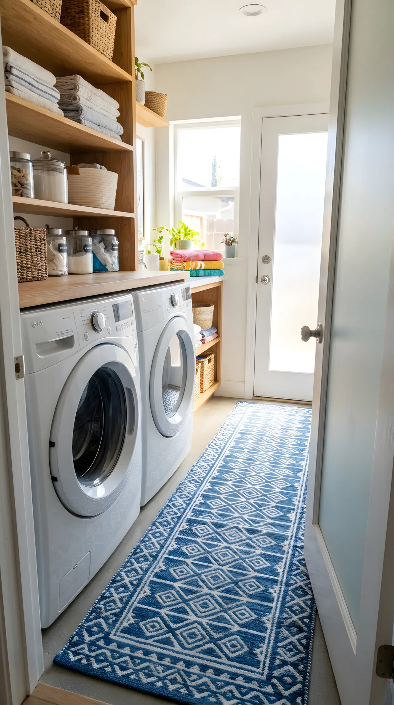 Real-life photo of a narrow laundry room with a patterned runner rug along the walkway between the washer and door, neatly made shelving in the background, beautifully arranged baskets, organized and clean space, bright natural light, vibrant colors, stock photography style