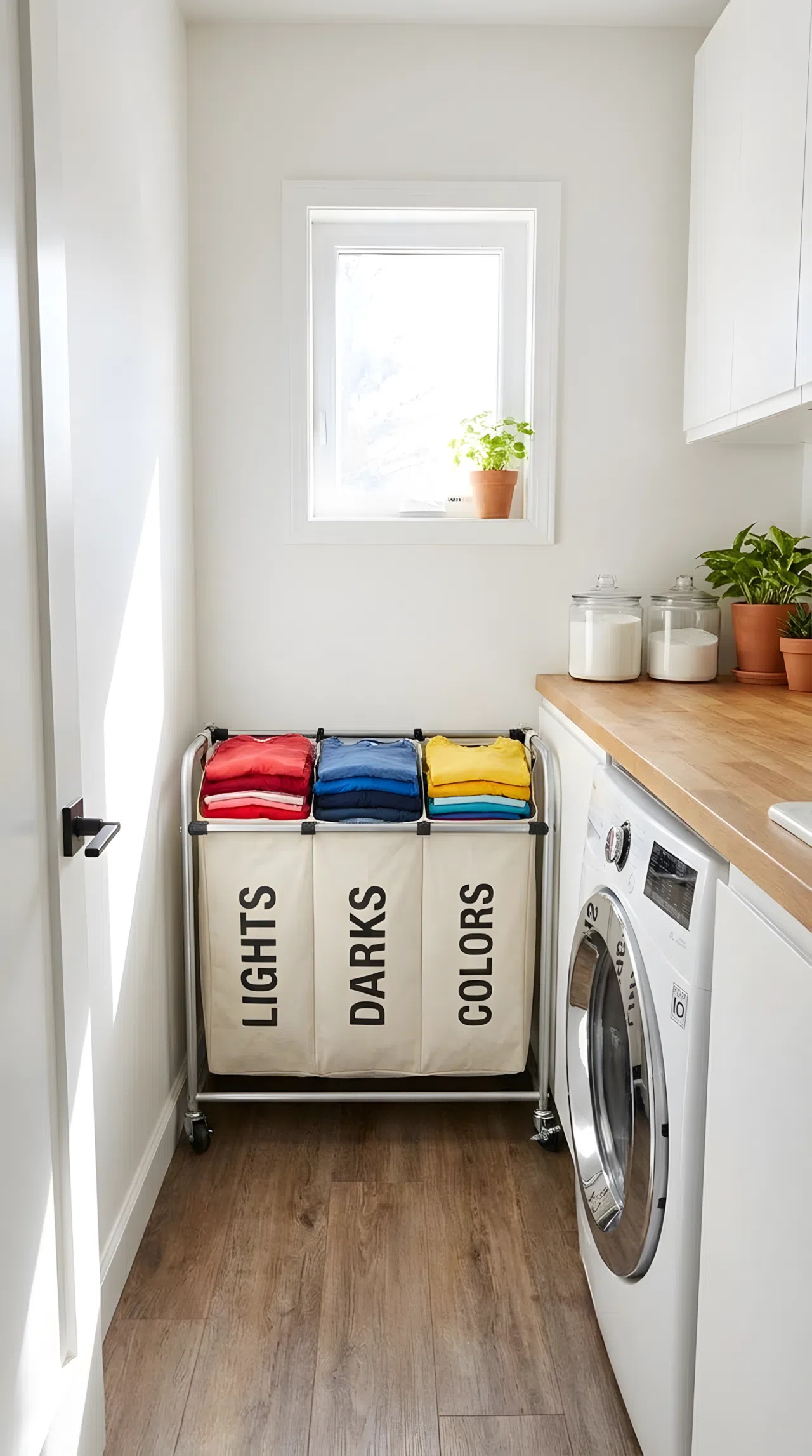 Real-life photo of a rolling laundry hamper with three sorting compartments in a narrow laundry room, neatly made with folded clothes visible, beautifully arranged near the washing machine, organized and clean space, bright natural light, vibrant colors, stock photography style