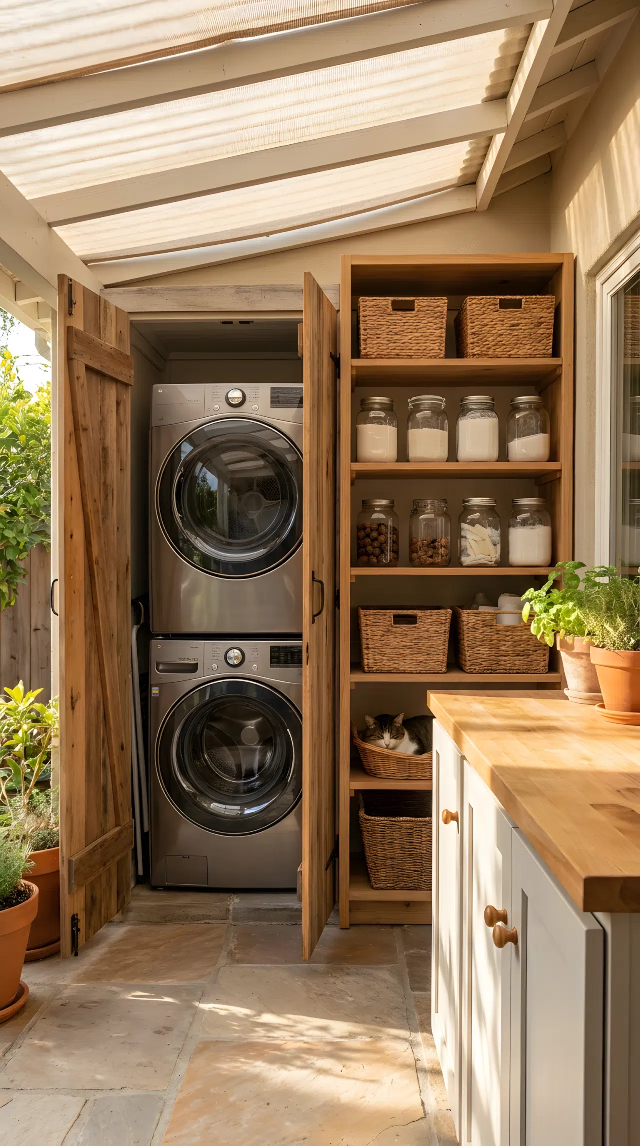 A real-life stock photo of a cozy outdoor laundry nook built into the corner of a covered patio. A modern stackable washer and dryer sit inside a weather-protected alcove. Next to them, open wooden shelves are meticulously organized with aesthetic glass detergent jars and woven storage baskets. Natural daytime sunlight softly illuminates the clean, organized space.