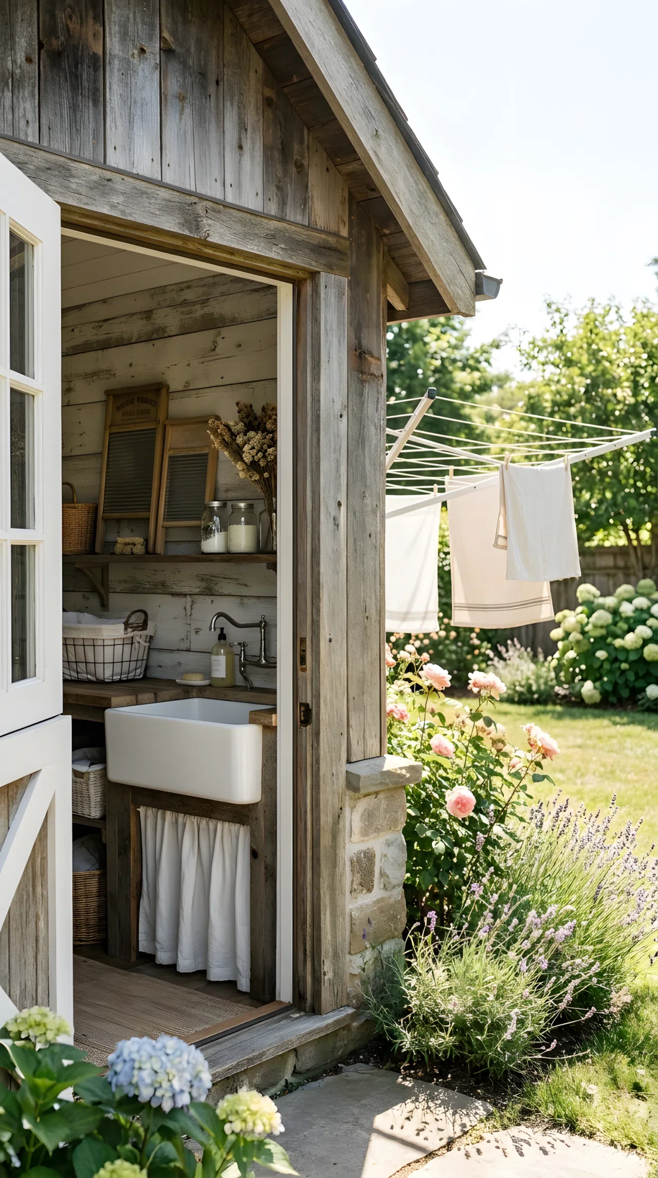 A realistic photograph of a charming garden shed converted into a rustic chic utility space. Inside the shed, weathered wood shiplap walls surround a deep white ceramic farmhouse sink and vintage laundry decor. Outside the open door, a retractable clothesline stretches into a sunny backyard garden. Neat, clean, and highly aesthetic stock photo.