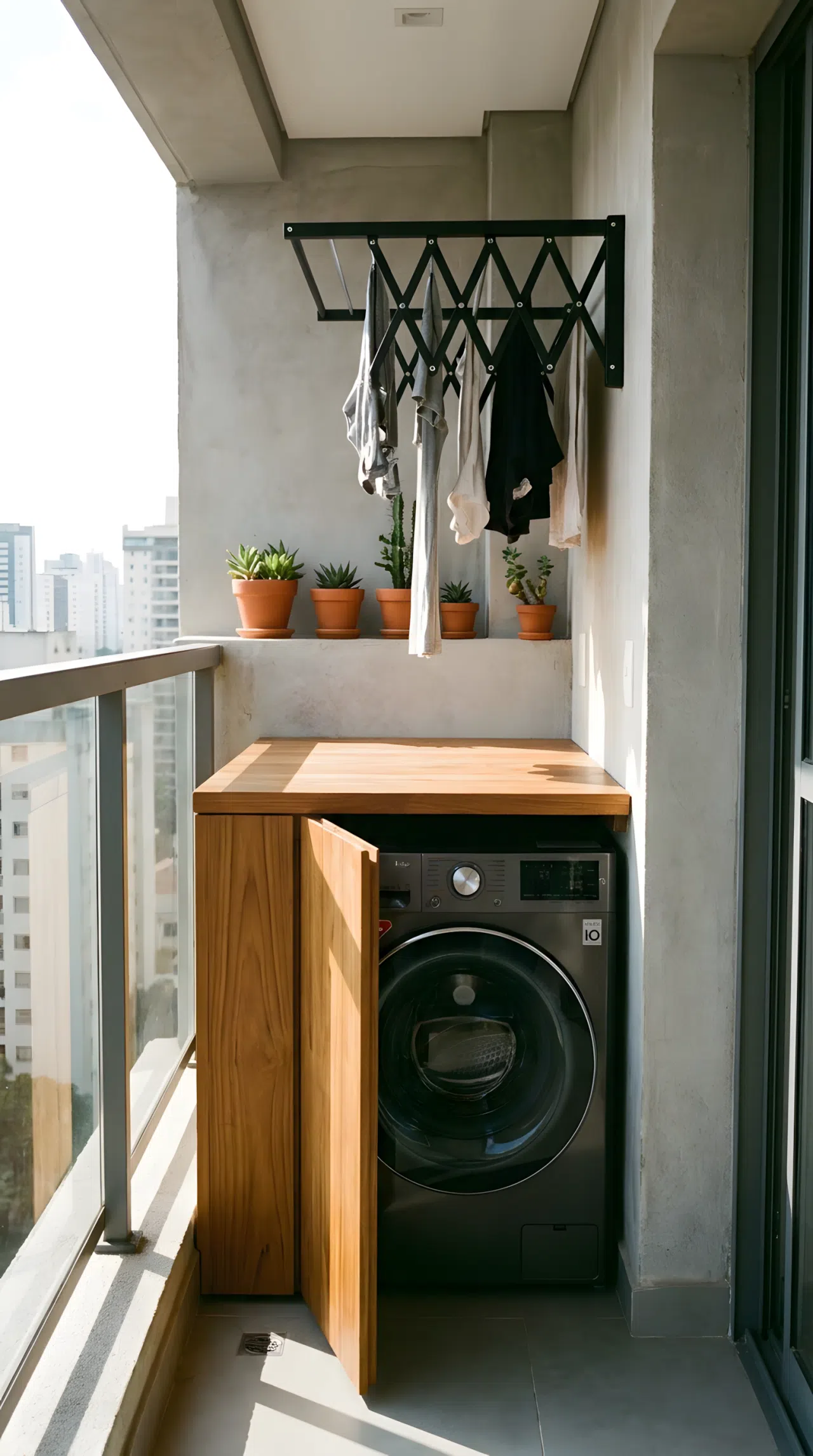 An urban apartment balcony transformed into a sleek, modern washing station. A compact, front-load washing machine is neatly integrated under a durable wood folding counter. A wall-mounted metal drying rack is attached to the wall, flanked by small potted succulents. Bright daylight, crisp real-life photography, organized lifestyle setting.