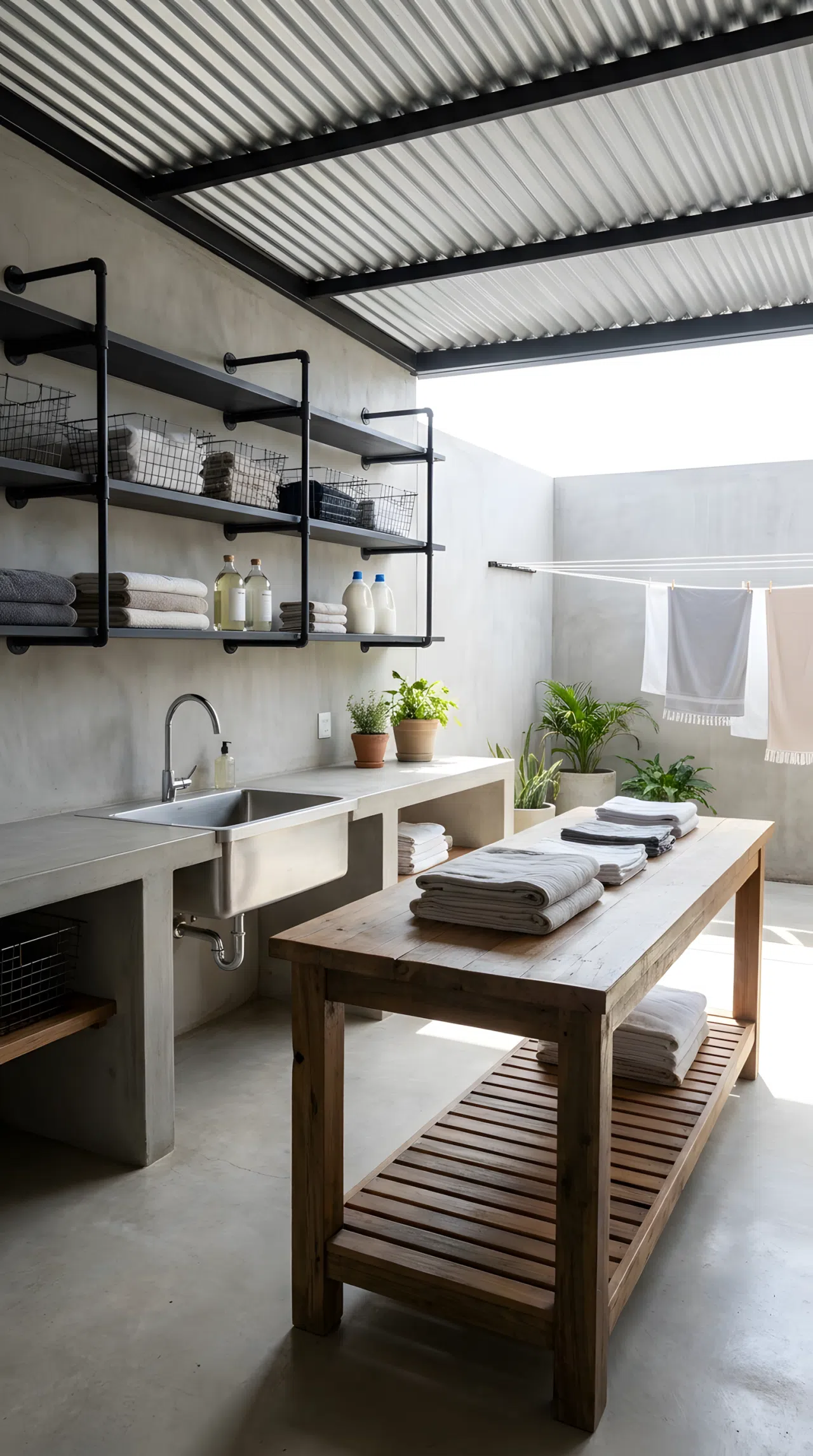A real-life stock photo of an industrial-style outdoor laundry workspace. Features a smooth concrete countertop, exposed matte black pipe shelves, and a heavy-duty stainless steel utility sink. A large wooden island serves as a folding station in the center. The environment is perfectly clean, modern, and open-air with natural daylight.