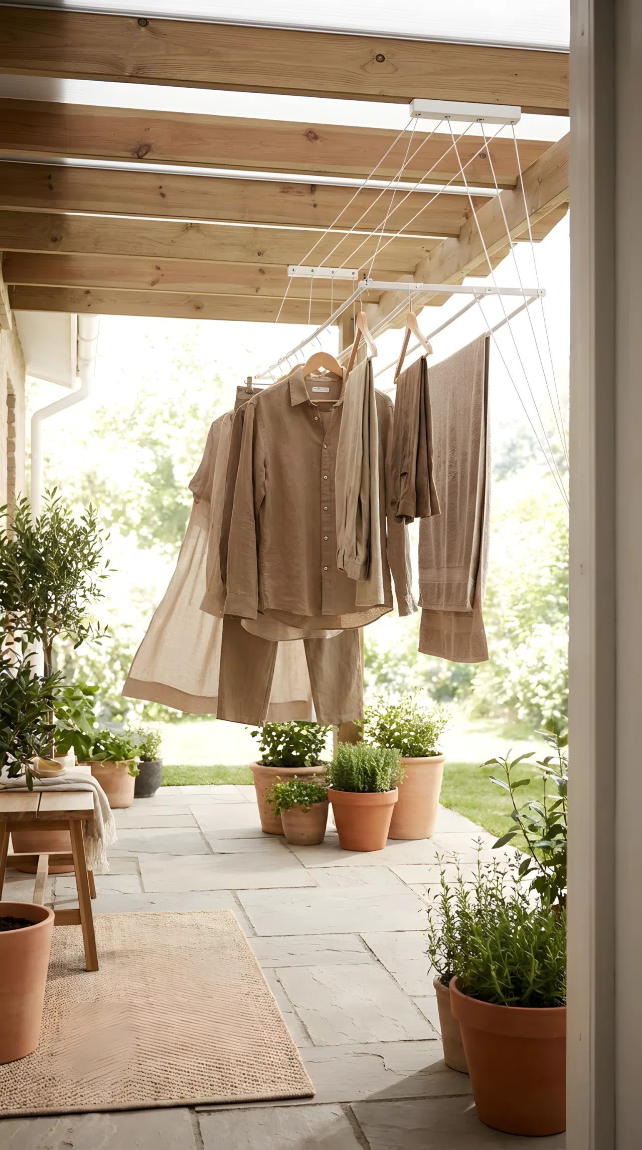 A realistic home photography shot of a covered patio featuring a retractable ceiling clothesline system. Several linen garments are hanging neatly to air-dry in the gentle breeze. The background shows a beautifully organized patio floor free of clutter. Bright, airy natural daylight, clean and aesthetic Pinterest style.
