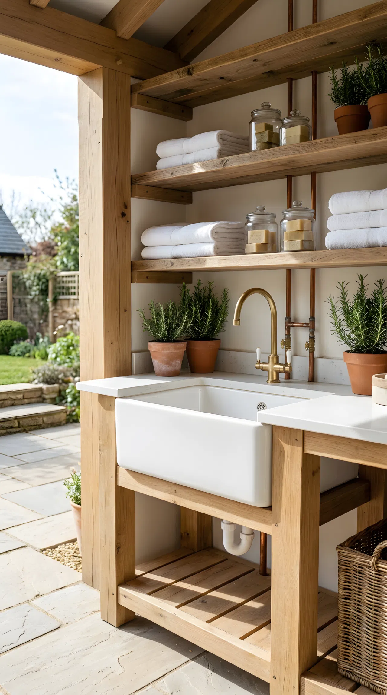 A bright, real-life photograph of a custom outdoor utility hub. The centerpiece is a large, clean white apron-front ceramic farmhouse sink. Above it, open timber shelves hold natural soap bars and neatly stacked white linens. Potted rosemary sits by the basin. Crisp daytime lighting, highly organized stock photo.