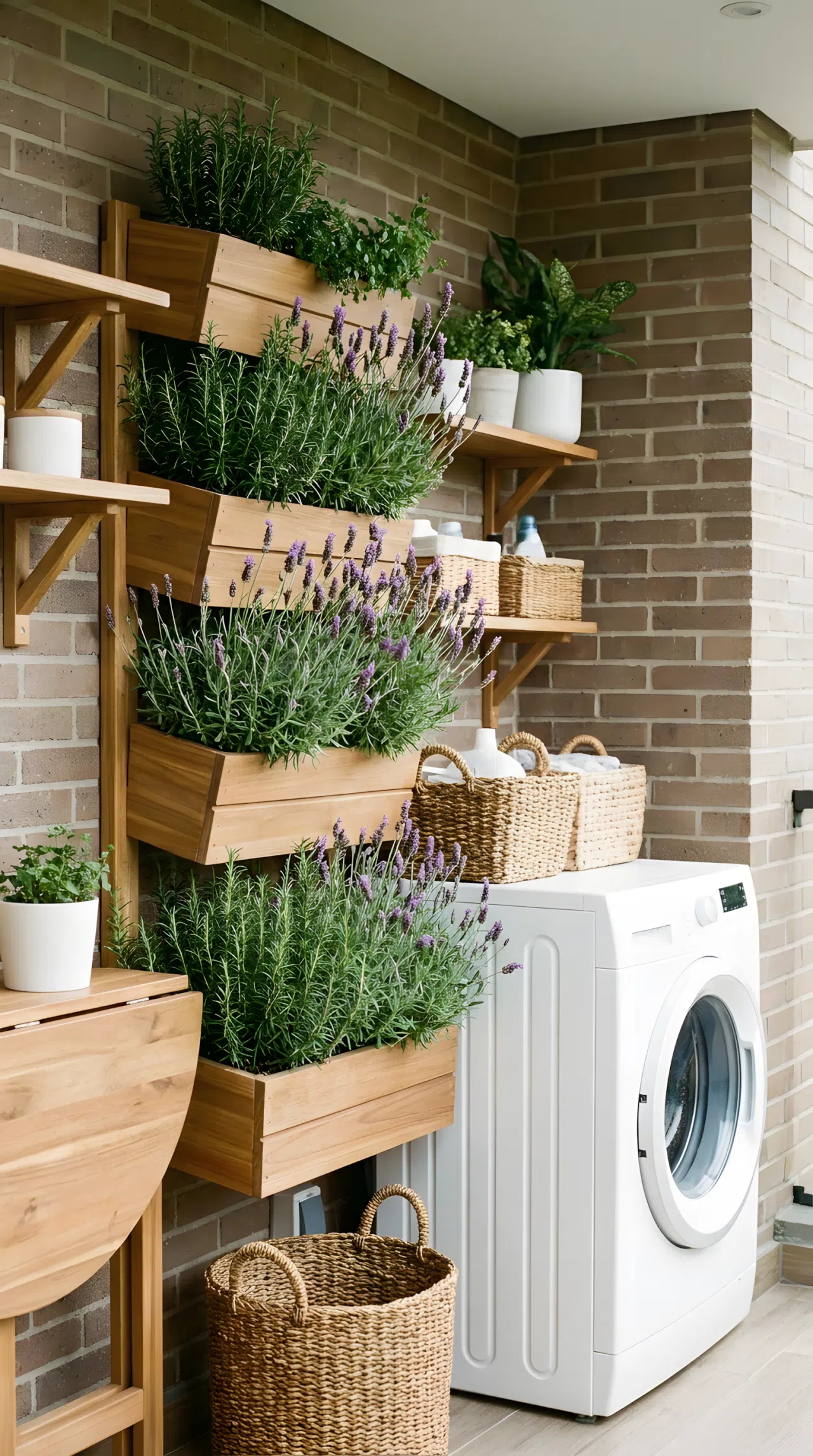 A realistic stock photo of a vertical plant wall integrated into a modern outdoor laundry space. Wall-mounted wooden planters are filled with lush lavender and rosemary next to a white washing machine. The setup is clean, organized, and vibrant against a subtle brick wall under soft natural daylight.