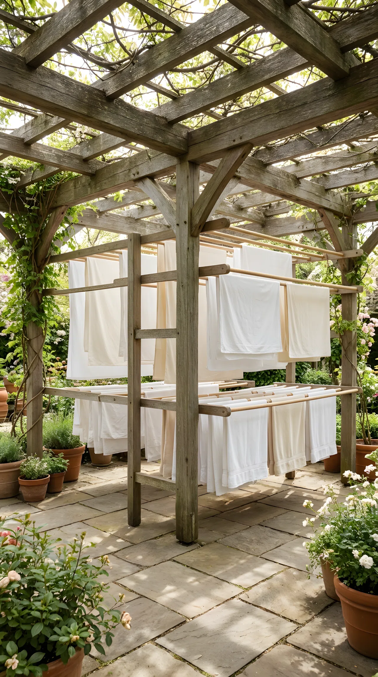 A real-life photograph of a multi-tiered wooden drying rack system positioned underneath a shaded pergola. Massive rows of hanging rods hold neatly spaced linens air-drying out of direct sunlight. The surrounding patio area is pristine, perfectly organized, and surrounded by garden greenery. High-quality stock photo.