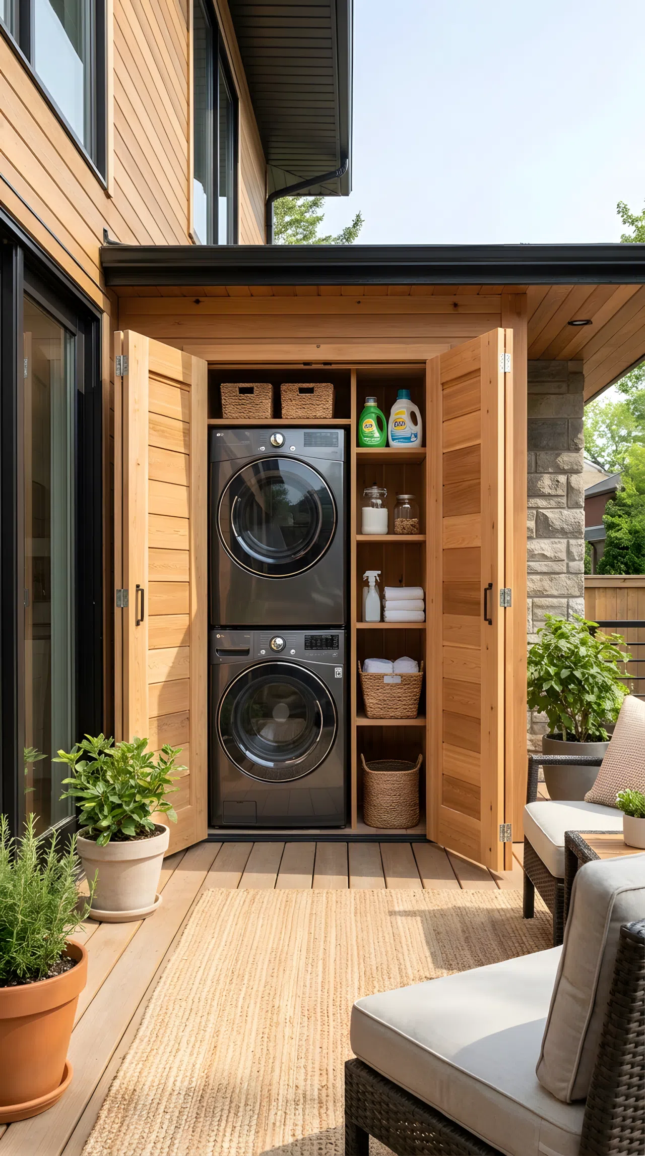 A realistic stock photo of a compact outdoor deck with custom exterior cabinetry. The bi-fold cabinet doors are open, revealing a perfectly integrated washer and dryer hidden inside. The interior includes small shelves for laundry products. The setting is clean, space-saving, and highly aesthetic.