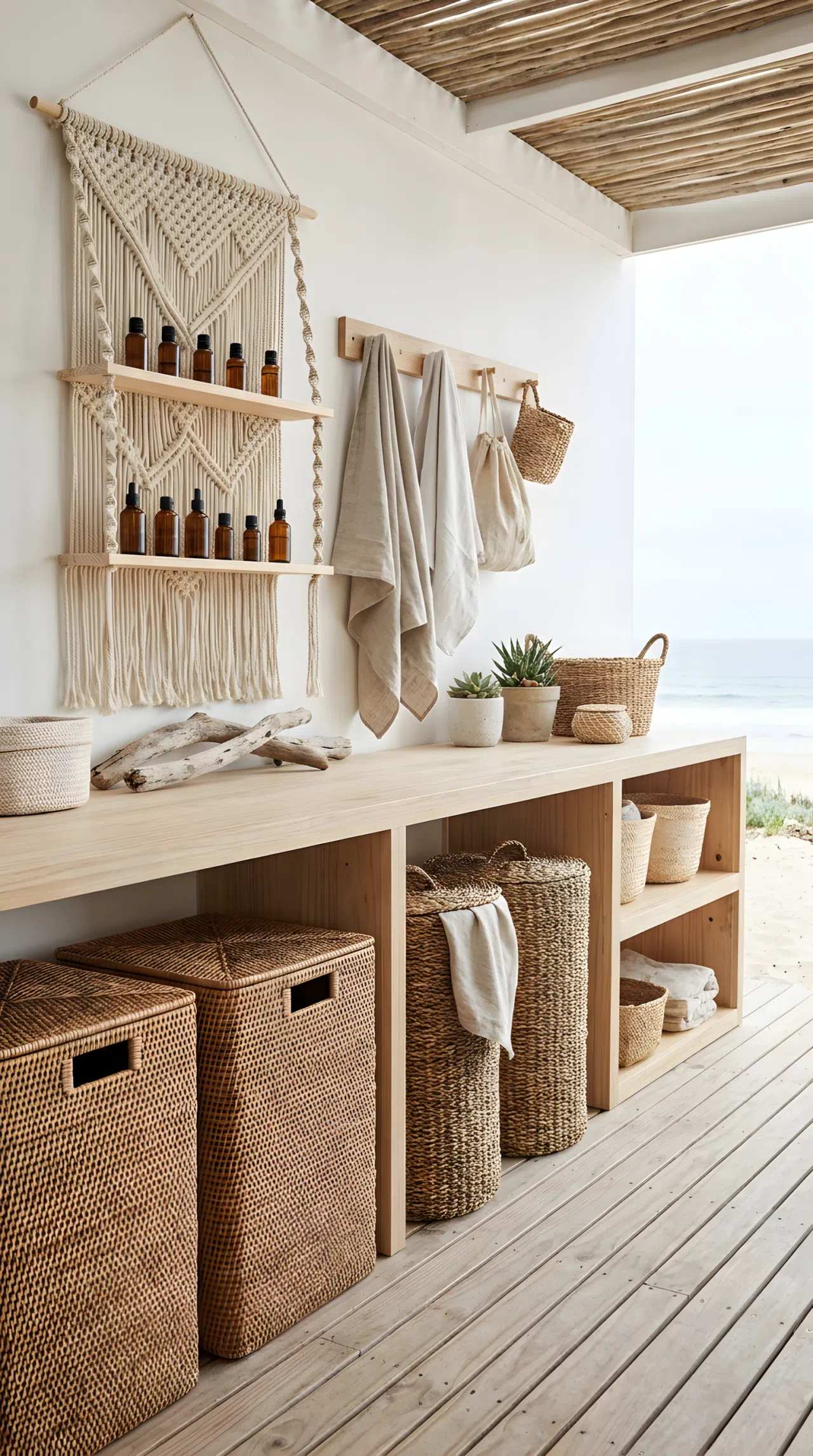 A beach-inspired outdoor utility area showcasing natural textures. Features large rattan storage bins, woven seagrass laundry hampers, and a macrame wall hanging holding essential oil bottles. Light wood accents and clean linen fabrics complete the peaceful, organized bohemian look. Realistic stock photography.
