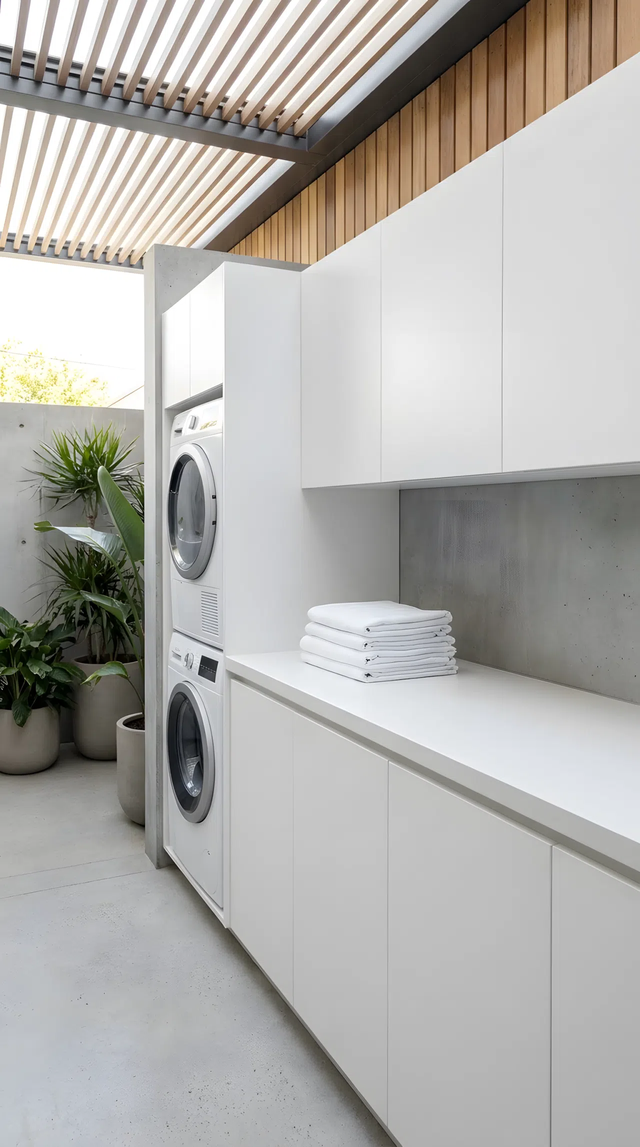 A modern, minimalist open-air laundry area with sleek, handleless weatherproof white cabinets. A massive, flawless quartz countertop provides an organized surface where a stack of fresh sheets rests. High-end, clean lines, zero clutter, real-life contemporary home photography.