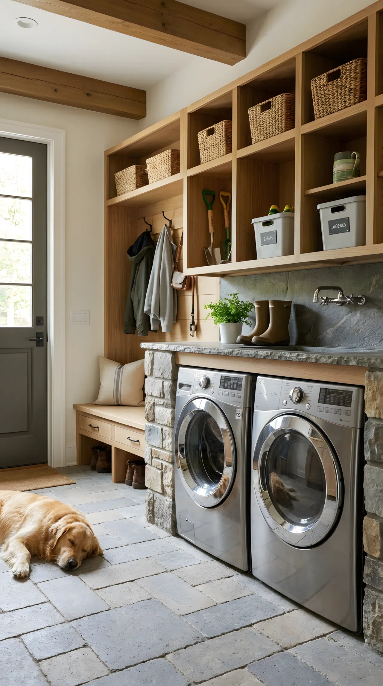A realistic stock photograph of an outdoor mudroom and laundry hybrid station next to a back door. Features a low-rinse stone sink for boots, built-in storage cubbies for garden gear, and integrated appliances. The space is exceptionally clean, functional, and organized.