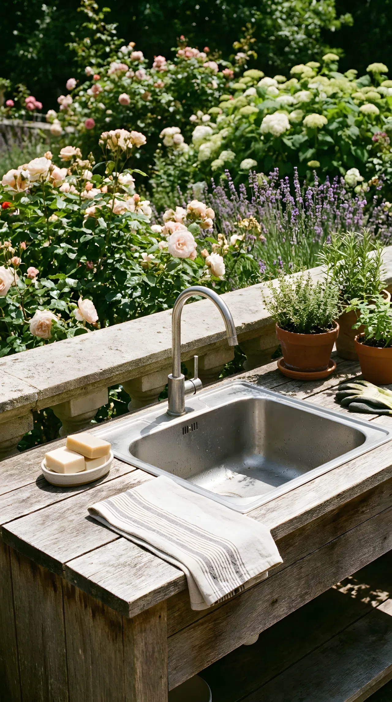 A beautiful real-life photograph of a stainless steel utility sink positioned against a low outdoor patio railing. The sink overlooks a lush, blooming flower garden in full daylight. The surrounding counter is tidy, with natural soaps and a small hand towel neatly placed.