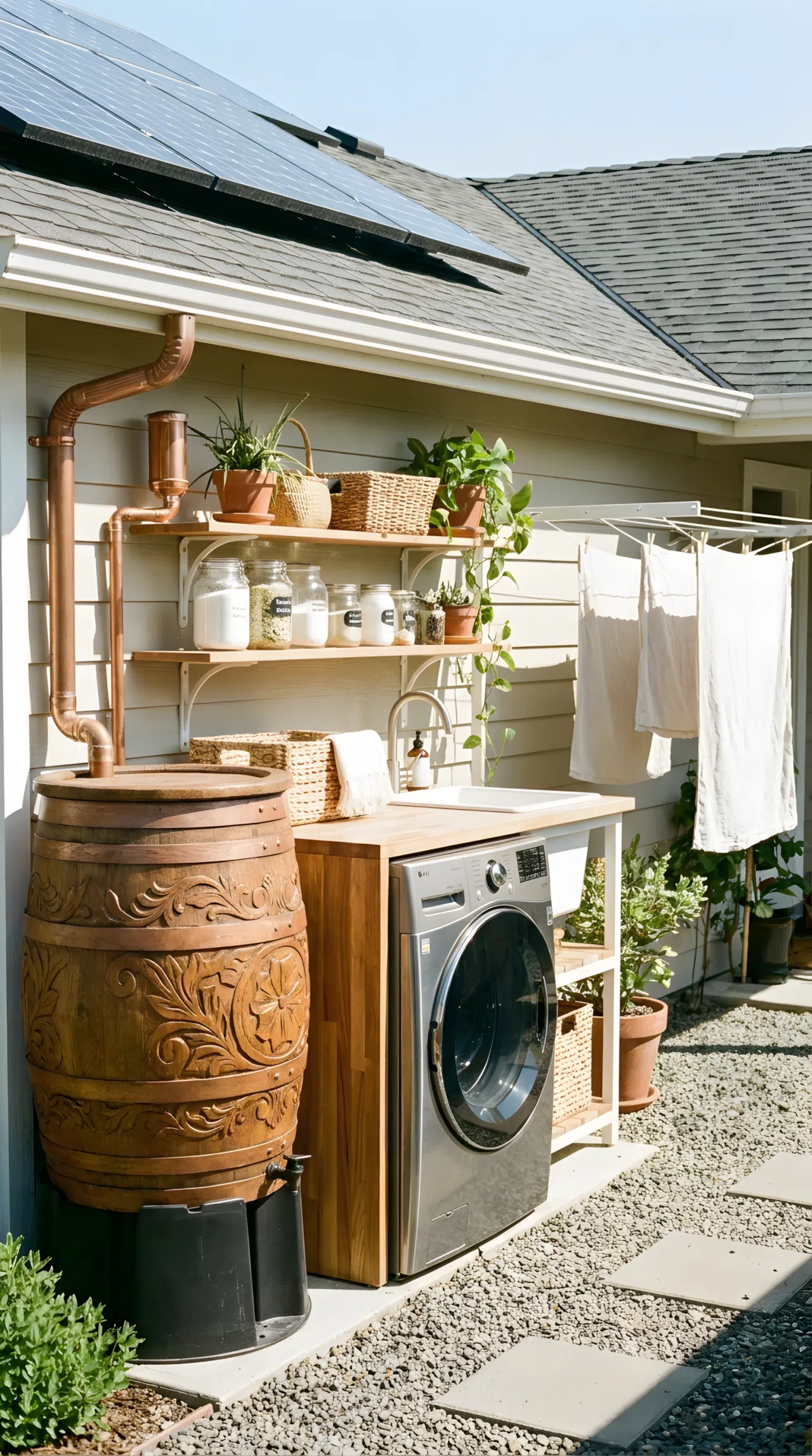 A clean, eco-friendly outdoor washing station. A modern washing machine is positioned next to a beautifully designed, decorative wooden rain barrel with filtration pipes routing from the roof. The area is highly organized, sustainable, and shot in crisp natural daylight. Stock photo style.