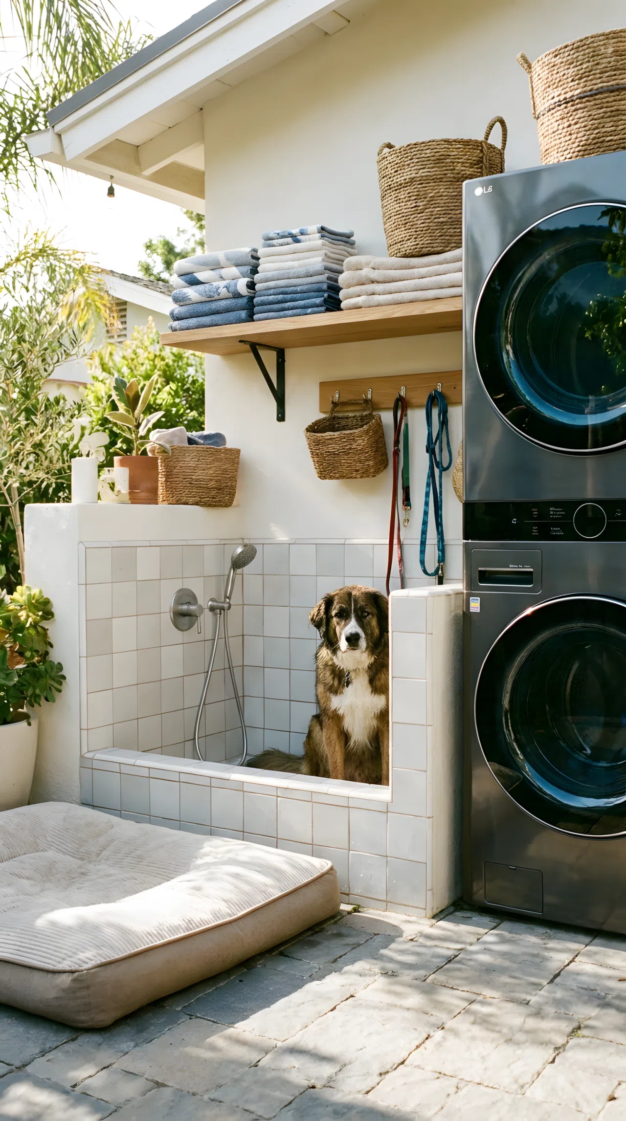 A realistic lifestyle photograph of an outdoor utility area featuring a low, easy-access tiled dog shower basin next to a heavy-duty washer and dryer. Neatly folded pet towels sit on a shelf above. The space is spotless, dry, organized, and functional.