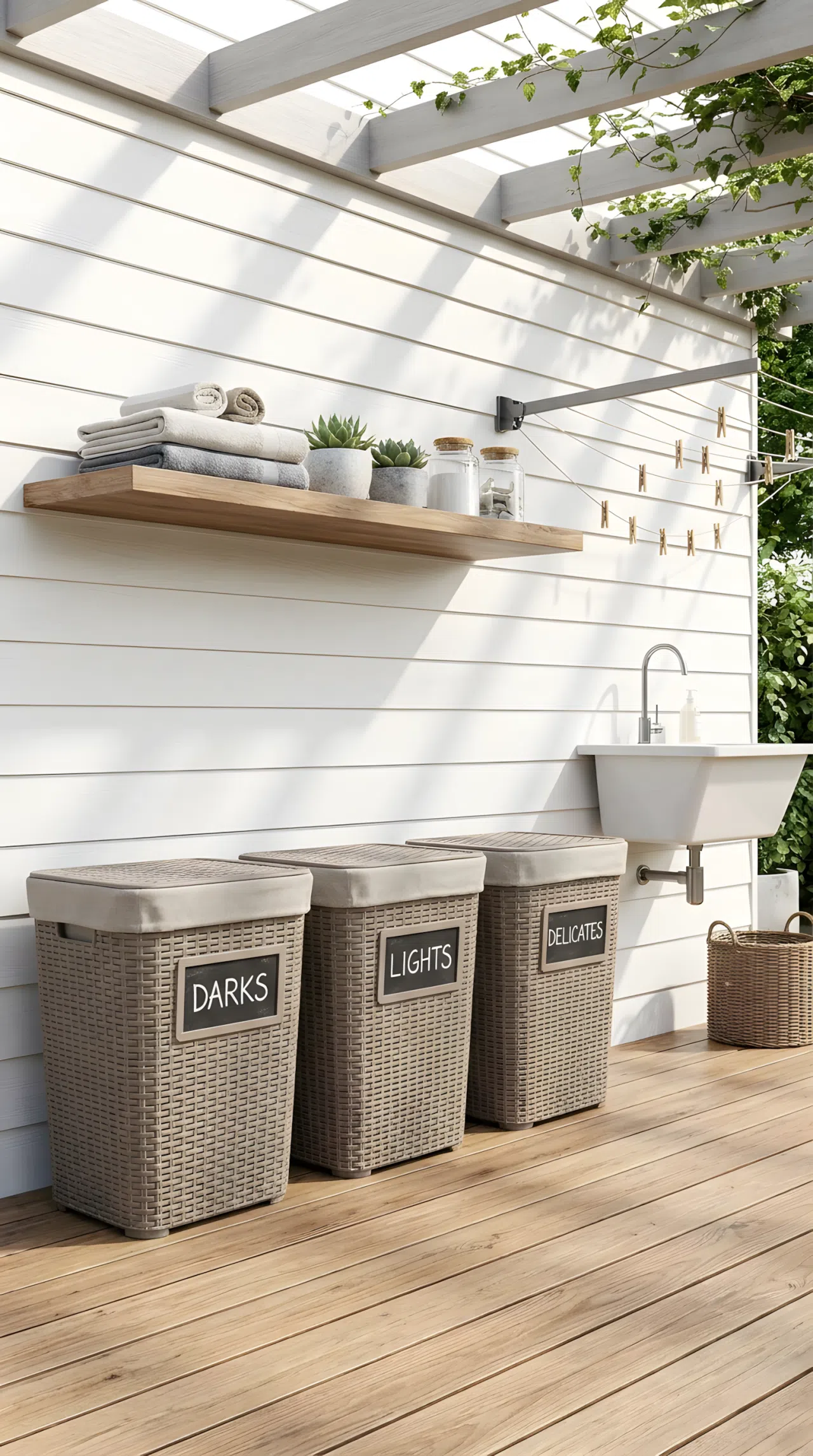 A real-life stock photo of an outdoor laundry room layout featuring three matching, elegant resin hampers. The hampers are neatly labeled for darks, lights, and delicates, lined up against a clean wall. The entire space is perfectly organized, modern, and aesthetic.