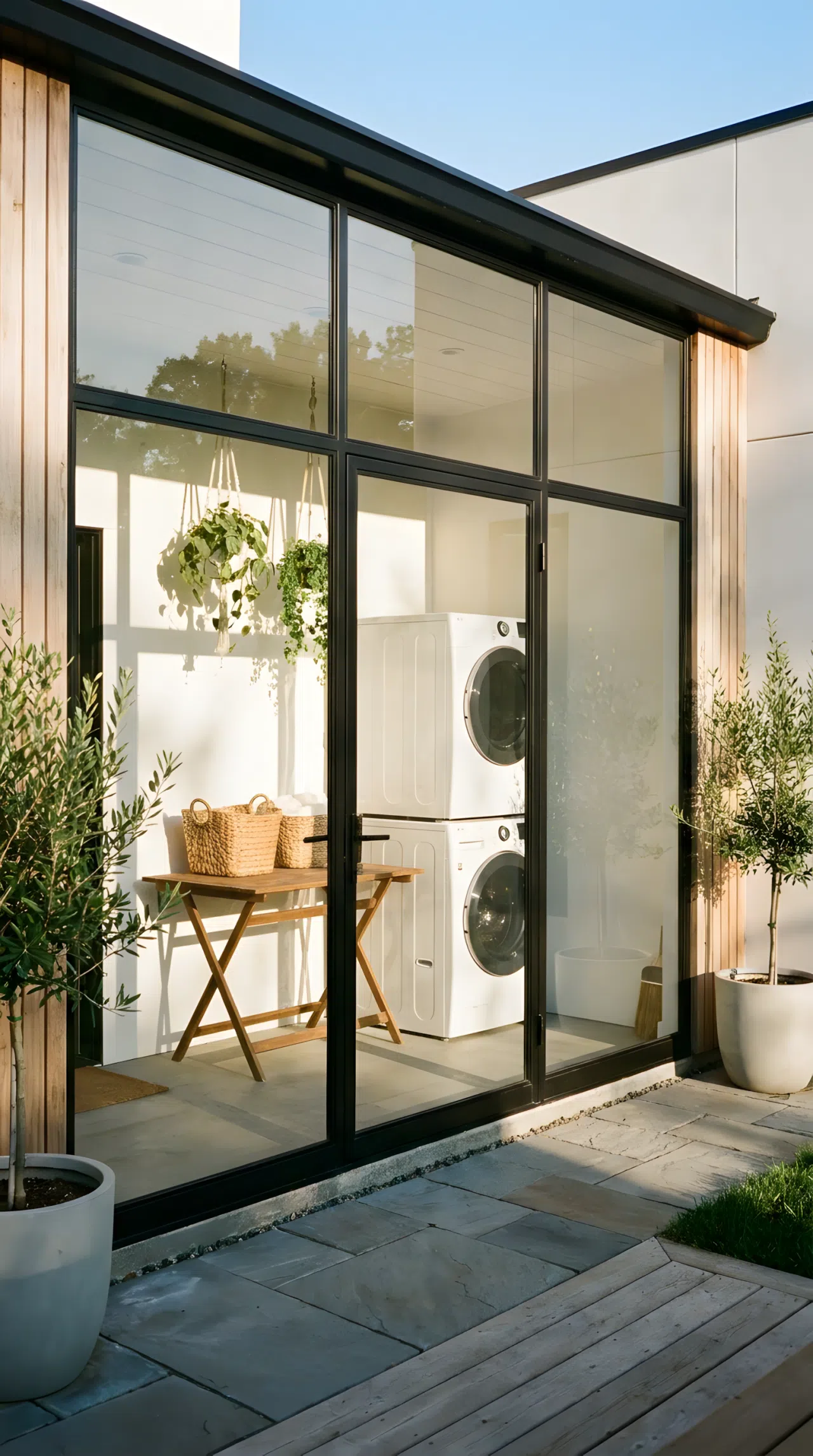 An outdoor laundry area protected by a stylish modern black metal and glass partition screen. Bright natural sunlight streams through the clean glass panels, illuminating the washer, dryer, and folding station while completely blocking wind. High-quality real-life home photography.