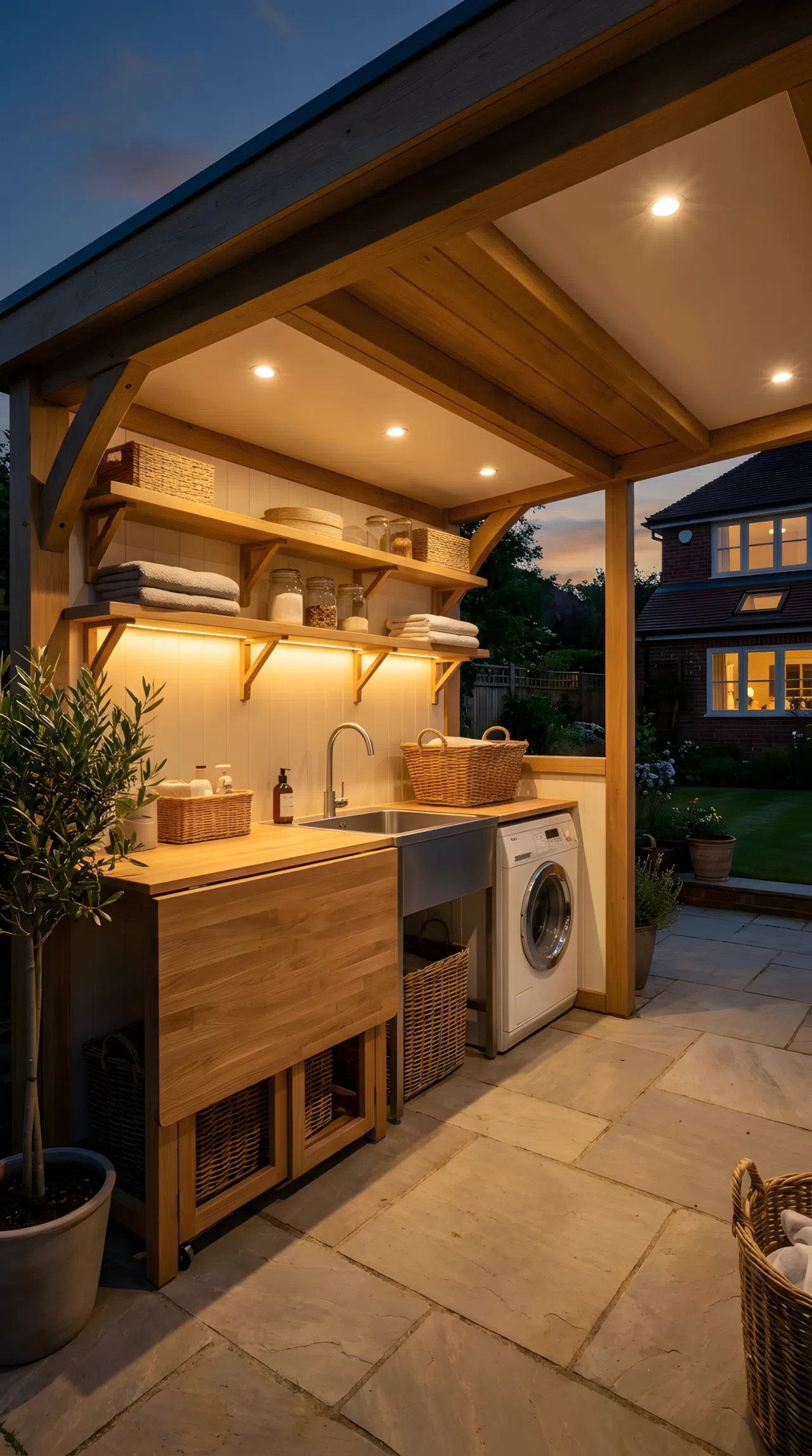 A realistic evening photograph of an outdoor laundry area at dusk. Bright, focused task lights are positioned directly above the utility sink and folding counter, casting clear downward illumination that eliminates all shadows on the workspace. Soft, warm ambient LED strip lights are tucked beneath the open shelves, creating a beautiful, glowing effect across the entire space. Extremely neat and Pinterest-ready.