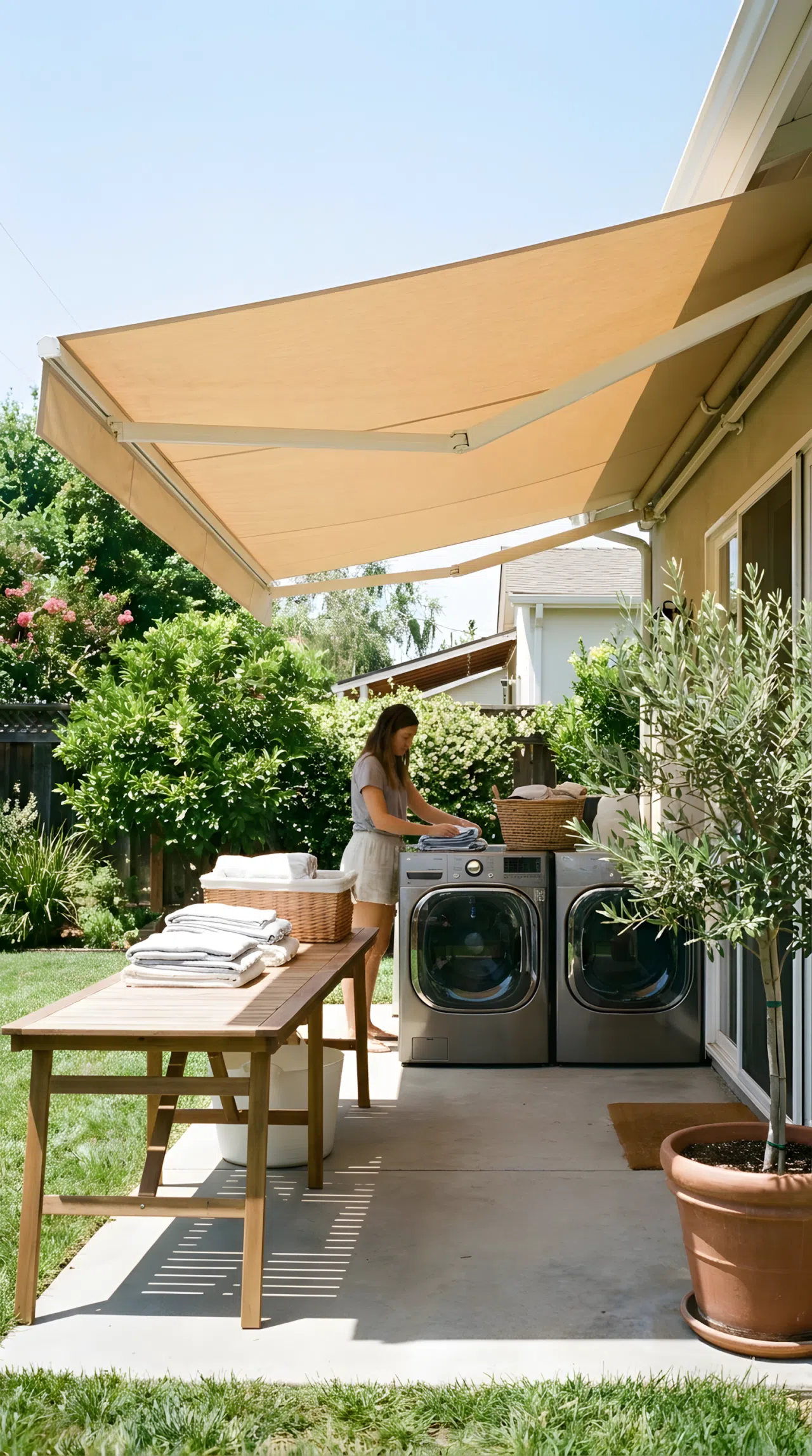 A real-life stock photo of a backyard laundry area covered by a large extended canvas retractable awning. The awning casts a perfect, cooling shade over the appliances and folding table on a bright summer day. The setting is tidy, functional, and highly aesthetic.
