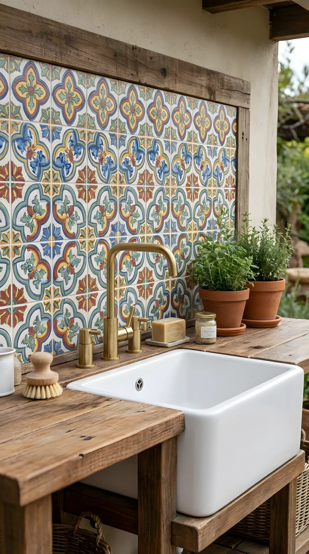 A close-up, realistic photograph of an outdoor washing station featuring a vibrant, beautifully patterned cement tile backsplash behind a white utility sink. The tiles are flawless and clean, adding a pop of personality to the organized wooden countertop and modern fixtures. Stock photo style.