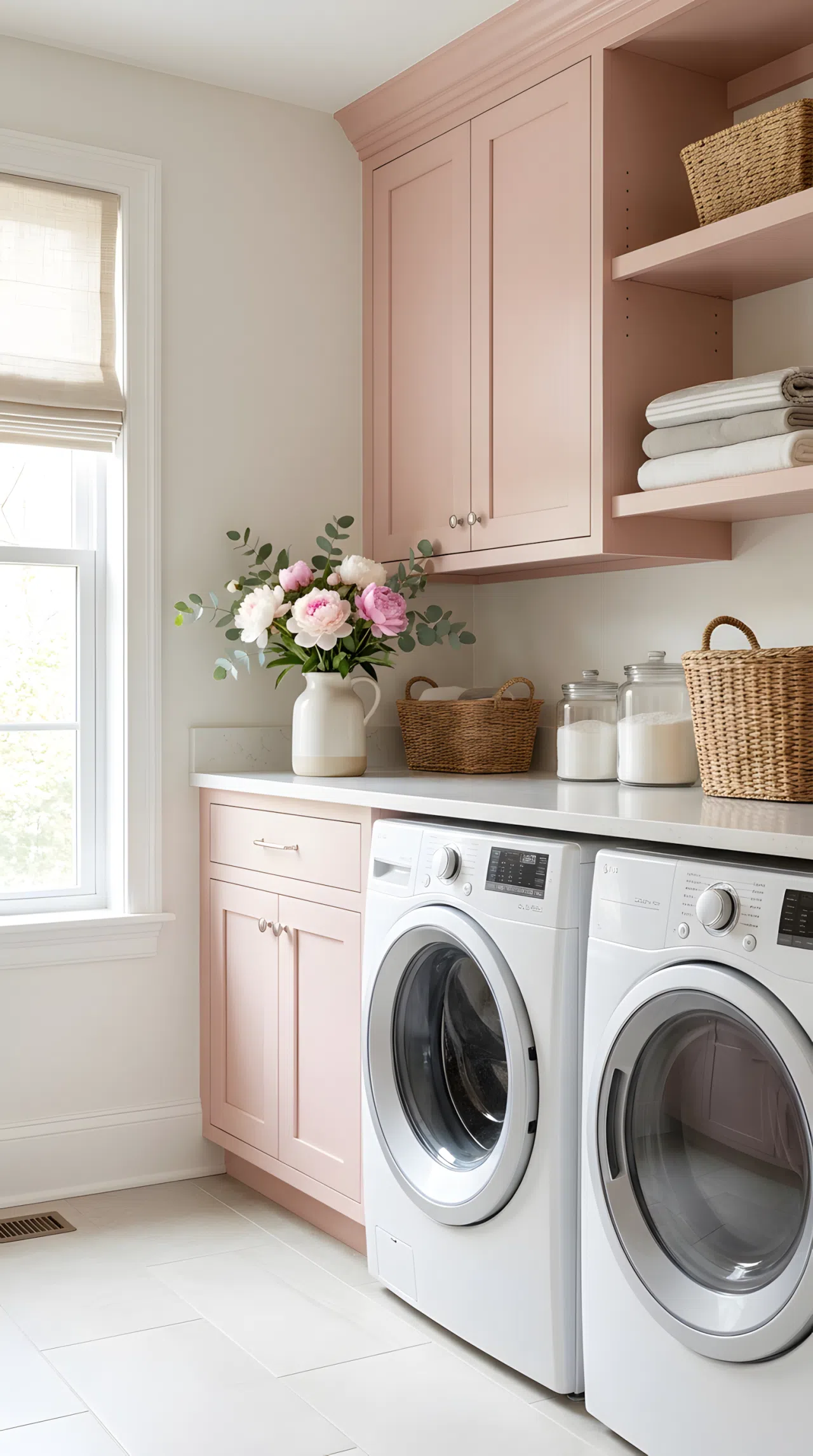 A real-life, Pinterest-ready laundry room featuring neatly made blush pink cabinets and modern washing machines. The space is beautifully arranged and organized, showing a clean countertop with a small vase of fresh flowers. Bright natural light streams from a side window, highlighting the smooth texture of the painted wood. Crisp stock photography, vibrant colors, highly detailed and functional setup.