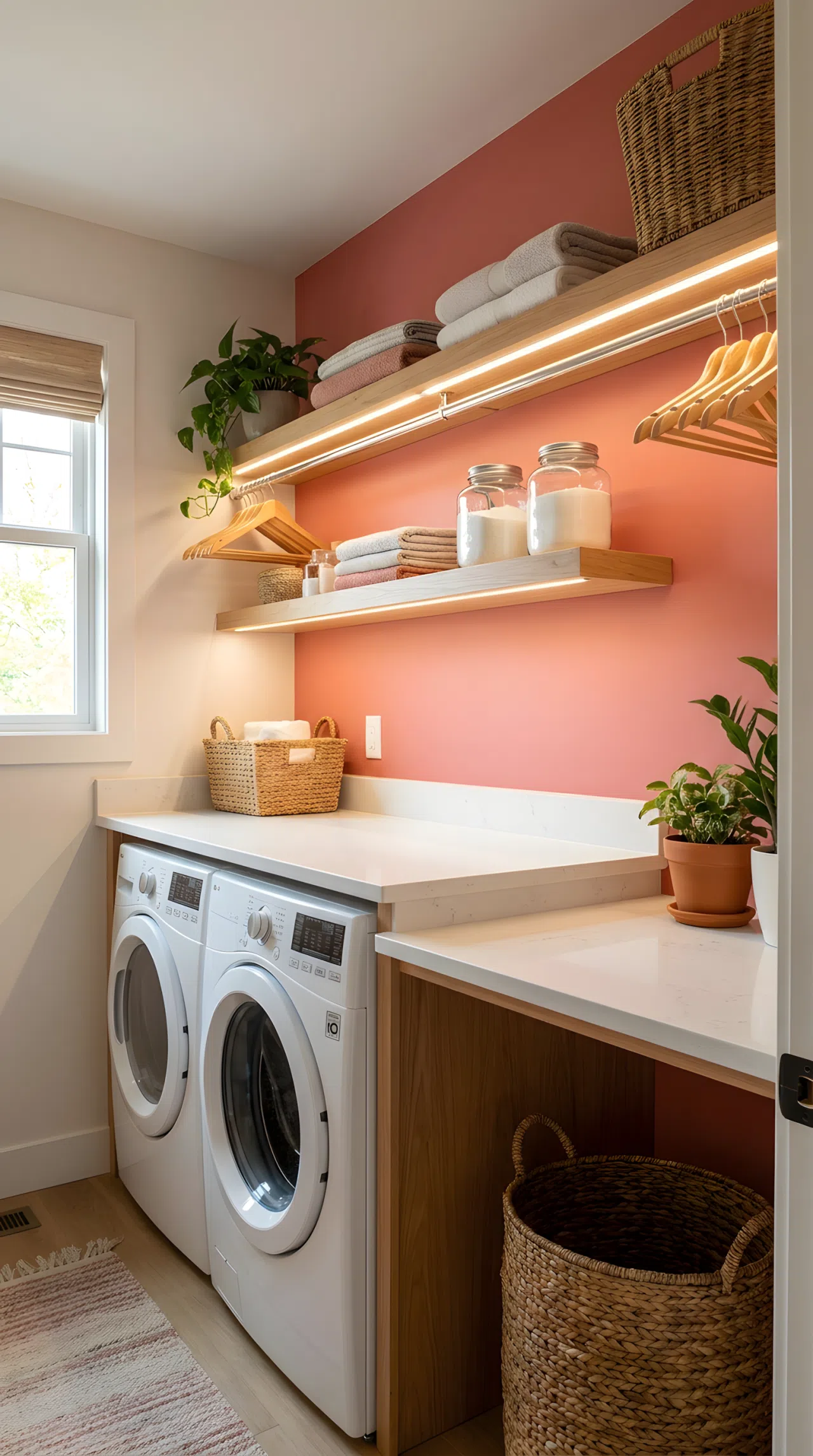 A real-life stock photo of an organized laundry room with a vibrant terracotta pink accent wall. LED strip lights are beautifully arranged directly underneath the upper wooden shelves, casting a bright downlight onto a clean white quartz folding countertop to eliminate all shadows. The workspace is neatly made and clean, illuminated by bright natural light mixed with functional task lighting. Pinterest-ready, vibrant colors.