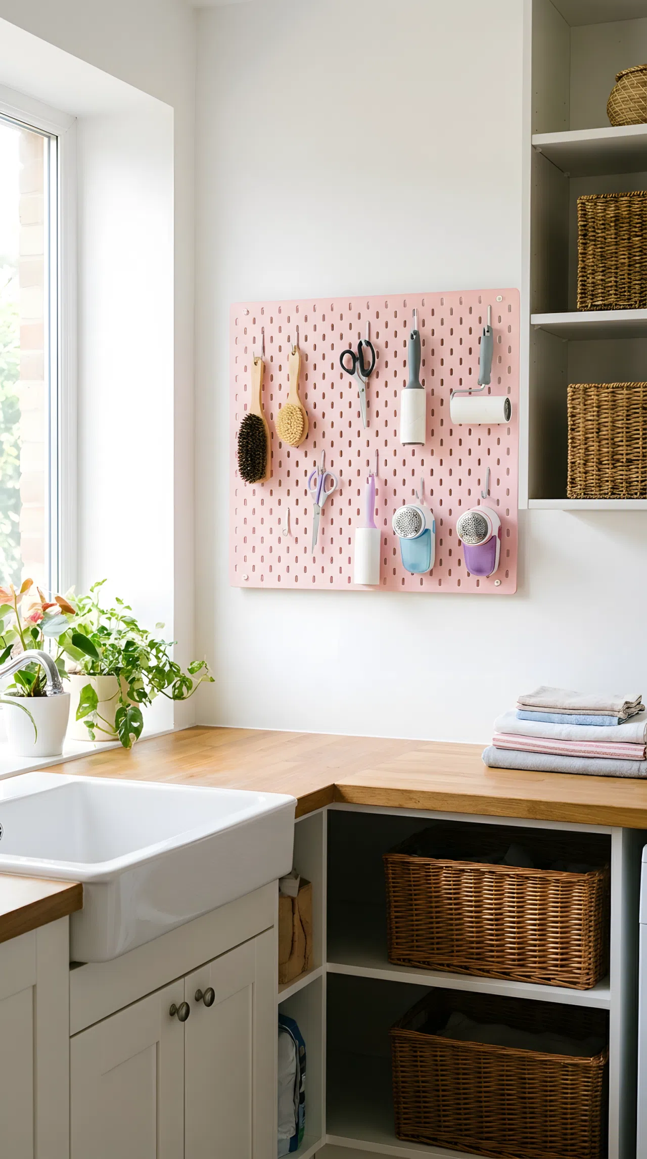 Real-life photography of a bright utility room featuring a pastel pink pegboard mounted on a clean white wall. Small laundry tools are beautifully arranged and organized on silver hooks. The space is neatly made and clean, bathed in bright natural light from an adjacent window. Pinterest-ready aesthetic, vibrant and crisp stock photo.
