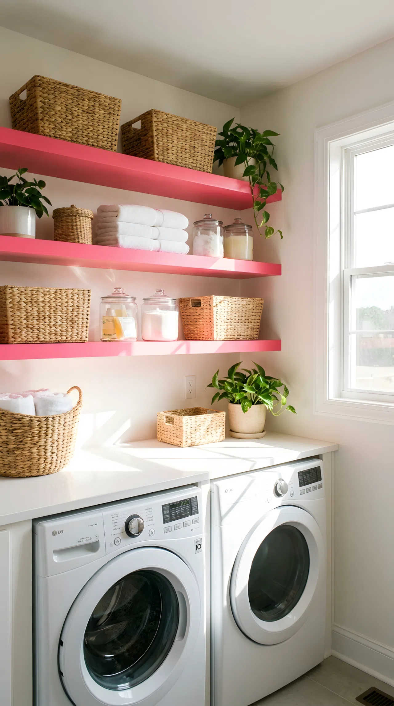 A real-life, Pinterest-ready stock photo of a laundry room wall with vibrant flamingo pink floating shelves. Natural wicker baskets are beautifully arranged and organized on the shelves. The room is clean, neatly made, and filled with bright natural light that makes the pink shelves pop. Crisp, high-quality household interior photography.
