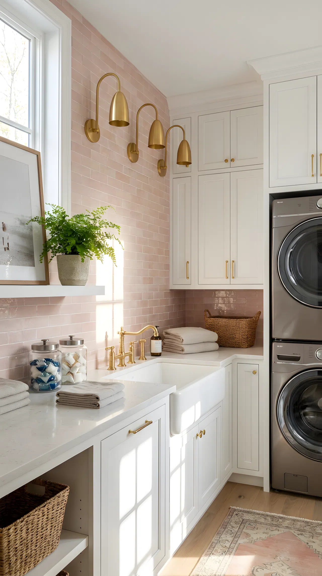 Real-life stock photography of a luxury laundry room featuring a glossy rose quartz tile backsplash. Elegant gold wall sconces are beautifully arranged above the sink, casting a warm, targeted downward glow into the clean porcelain basin to ensure clear visibility. The room is neatly made, organized, and filled with bright natural light, showcasing vibrant tile colors. Pinterest-ready.