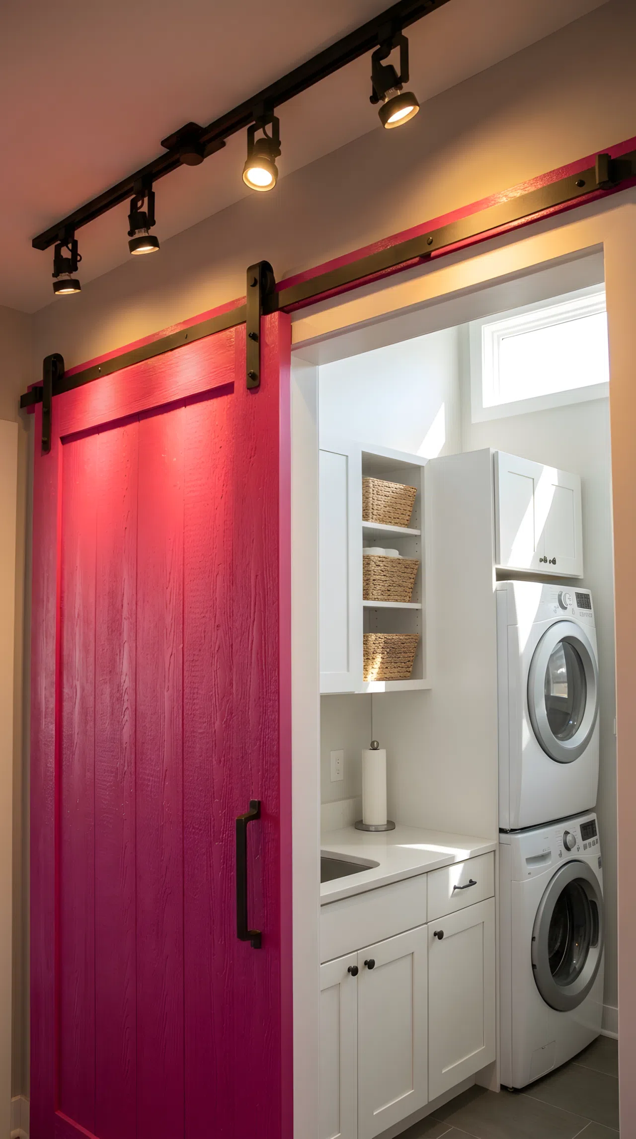 A real-life stock photo of a vibrant fuchsia pink sliding barn door in a laundry room. Modern LED track lights are beautifully arranged directly above the door frame, casting a strong downward wash of light that highlights the wooden grain texture. The utility space inside is neatly made, organized, and clean, illuminated by bright natural light blending with the top-track glow. Pinterest-ready aesthetic.
