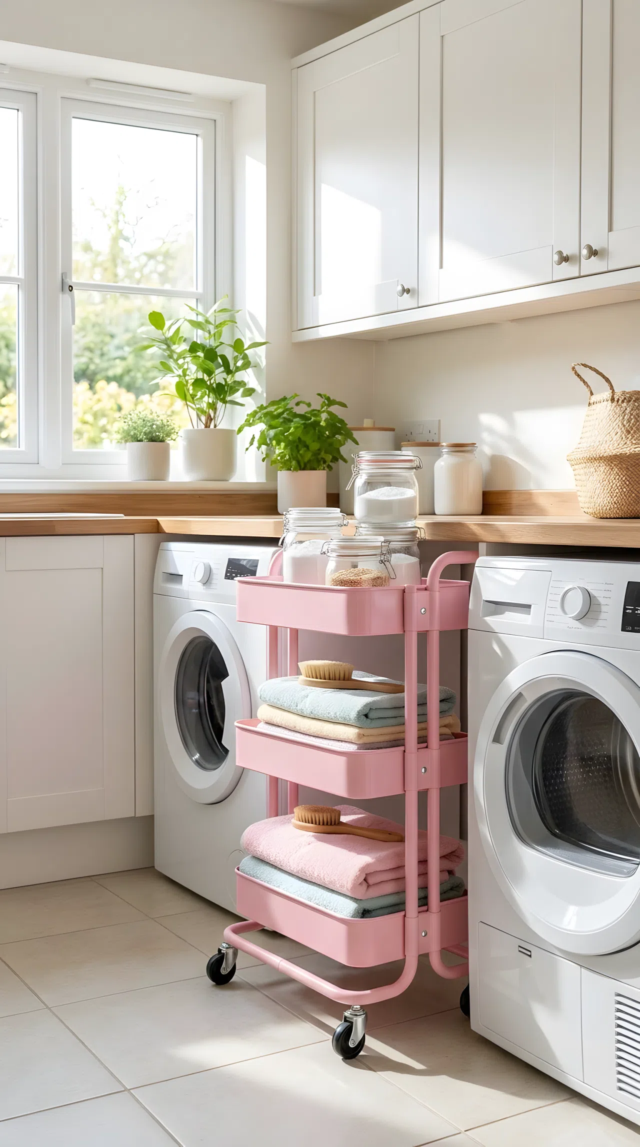 Real-life photography of a bright utility room featuring a bubblegum pink rolling utility cart tucked neatly between white appliances. The cart's tiers are beautifully arranged with folded towels and organized glass jars. The entire room is clean, neatly made, and bathed in bright natural light, creating a vibrant and cheerful Pinterest-ready atmosphere. High-quality stock photo.