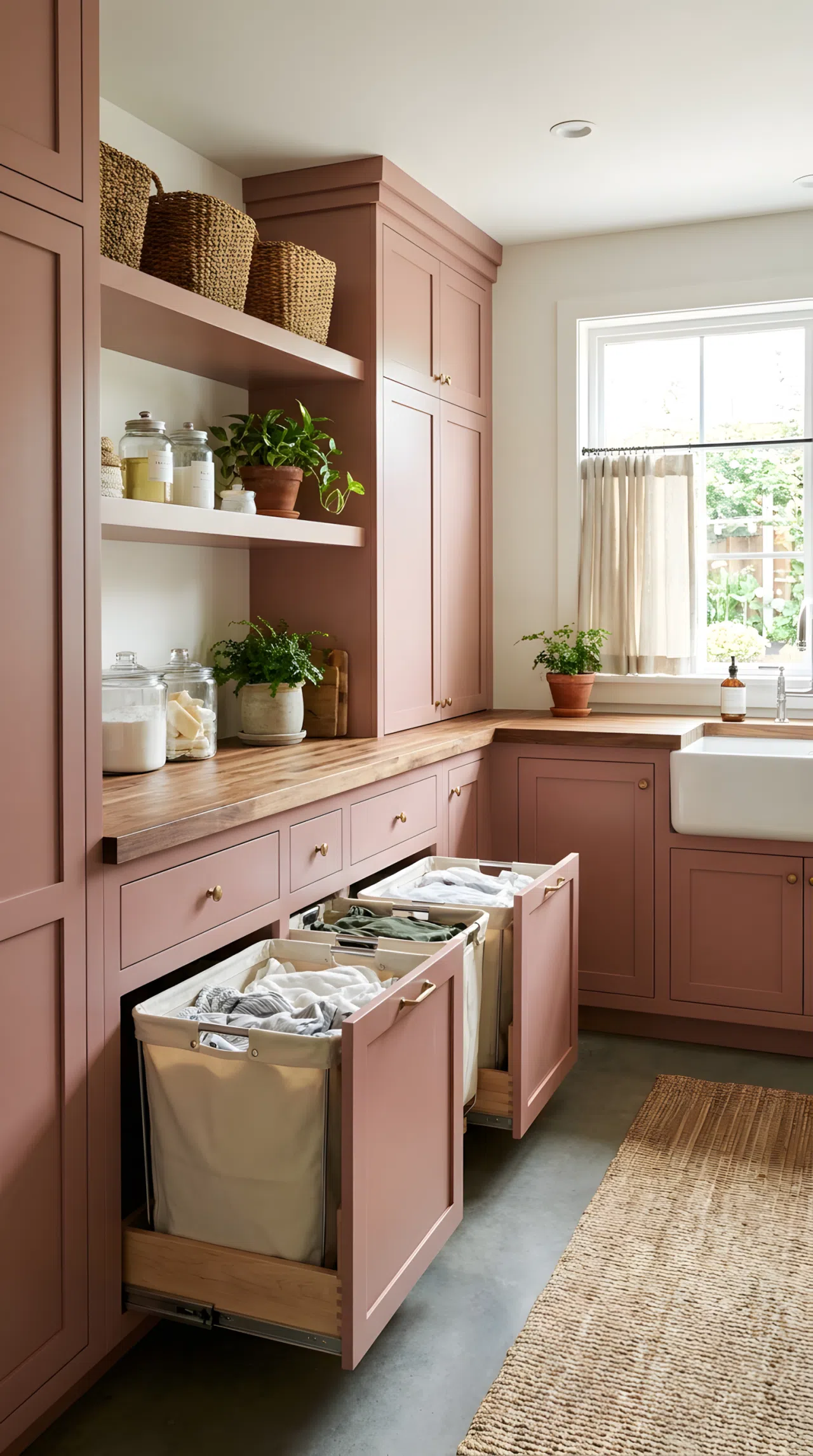 A real-life, Pinterest-ready stock photo of a modern utility room showing custom dusty rose built-in cabinet hampers pulled open. The interior bins are organized with clothing, while the exterior remains clean and neatly made. Bright natural light floods the space, accentuating the soft, vibrant rose tone of the cabinetry. Beautifully arranged household setting.