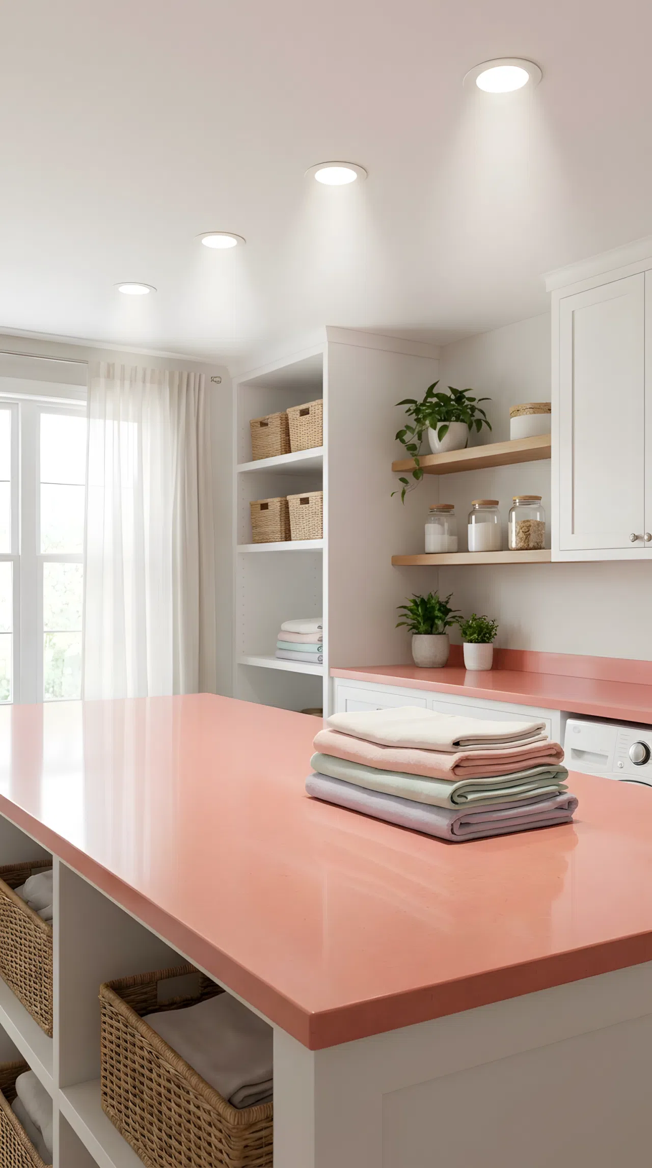 Real-life stock photography of a vibrant coral pink laundry countertop. Flush recessed ceiling spotlights are beautifully arranged directly overhead, directing bright beams straight down onto the smooth, clean folding surface to eliminate all shadows. The surrounding room is organized, neatly made, and filled with bright natural light. Pinterest-ready presentation.