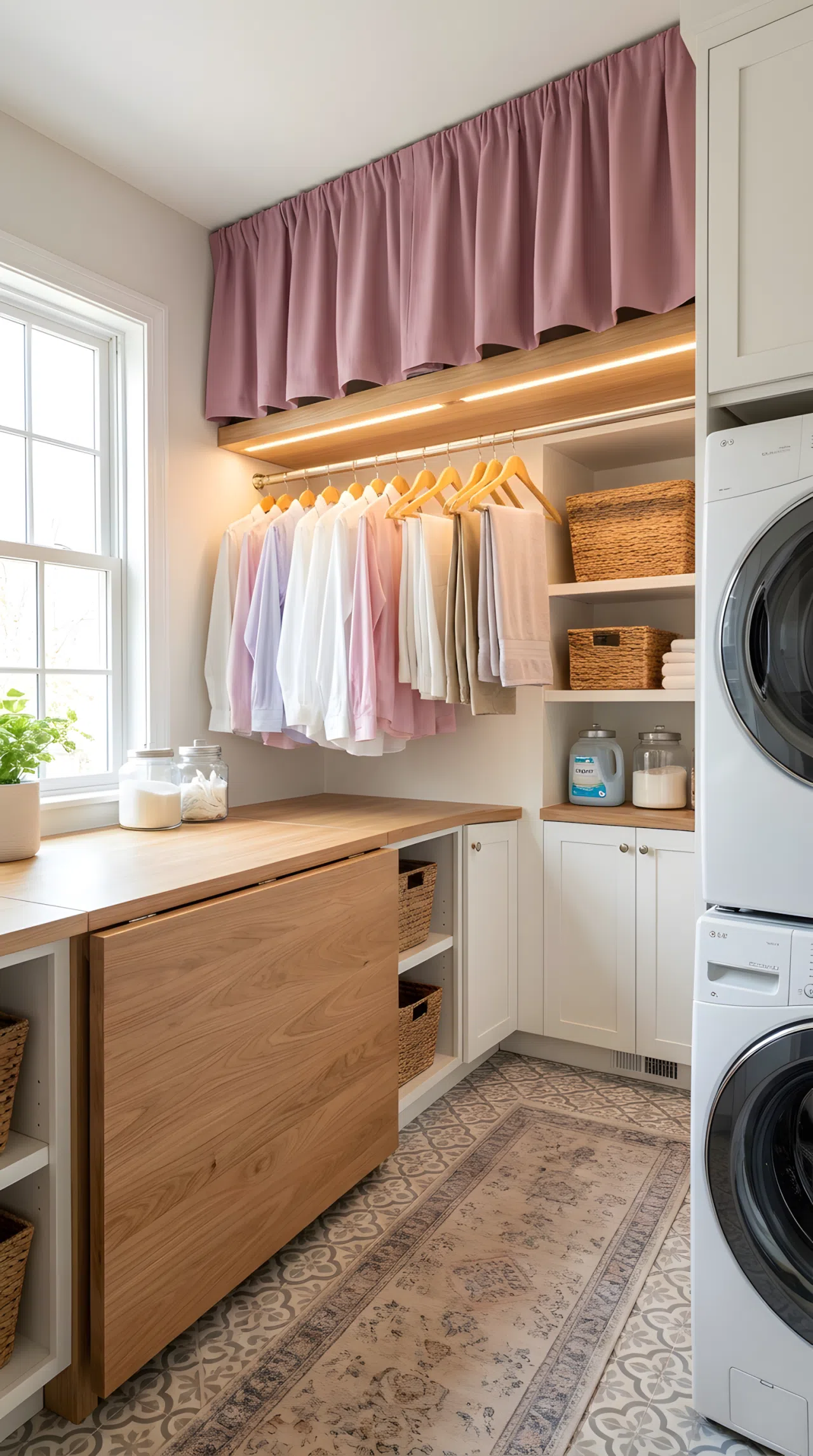 Real-life stock photography of a vibrant coral pink laundry countertop. Flush recessed ceiling spotlights are beautifully arranged directly overhead, directing bright beams straight down onto the smooth, clean folding surface to eliminate all shadows. The surrounding room is organized, neatly made, and filled with bright natural light. Pinterest-ready presentation.
