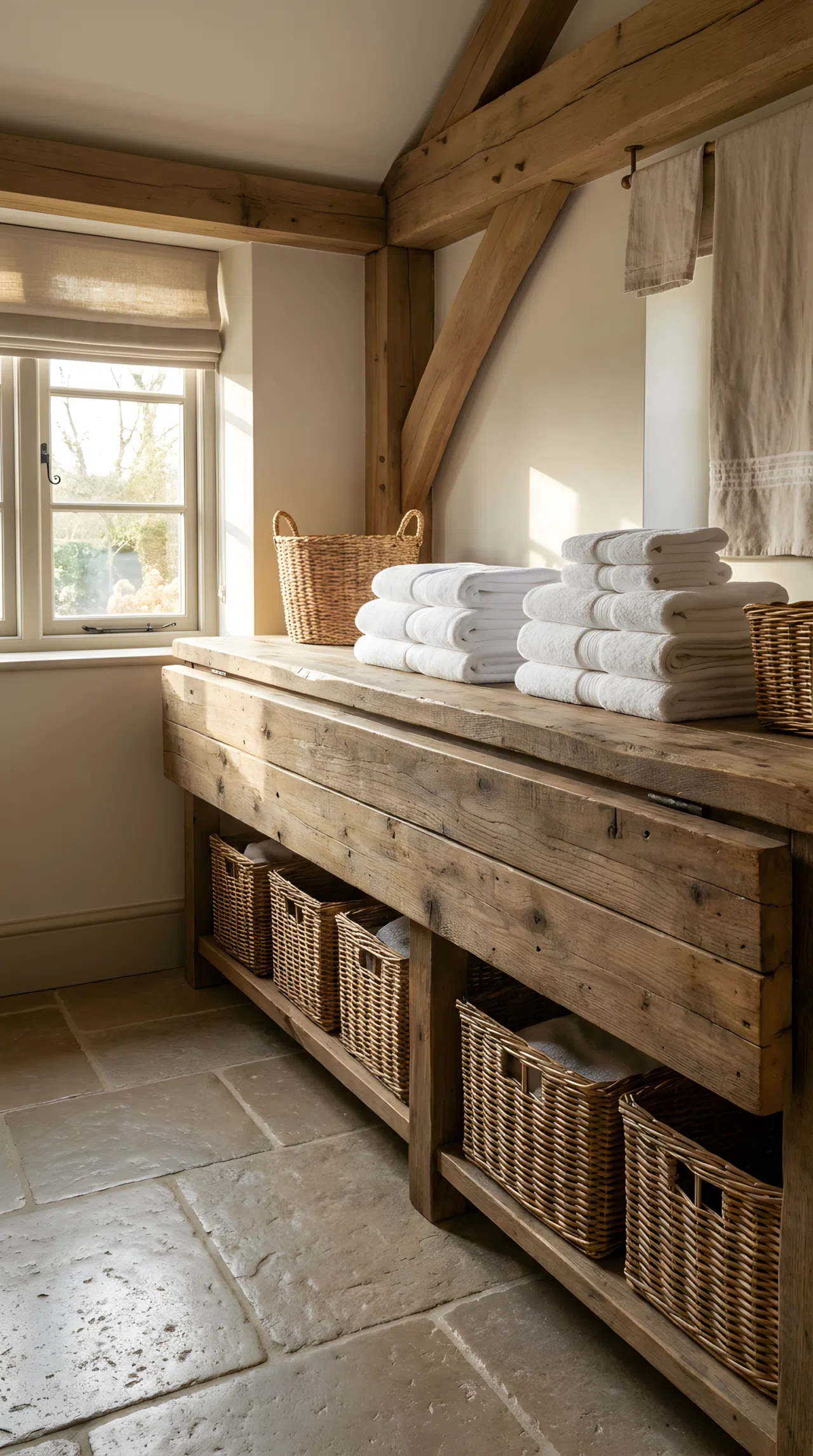 Real-life photograph of a rustic laundry room featuring a thick reclaimed wood folding counter with visible wood grain, woven rattan storage baskets neatly arranged underneath, folded white towels beautifully arranged on top, stone tile flooring, bright natural light streaming through a nearby window, clean and organized countertop, vibrant warm tones, shot at eye level, stock photography style, no illustration, no 3D render.