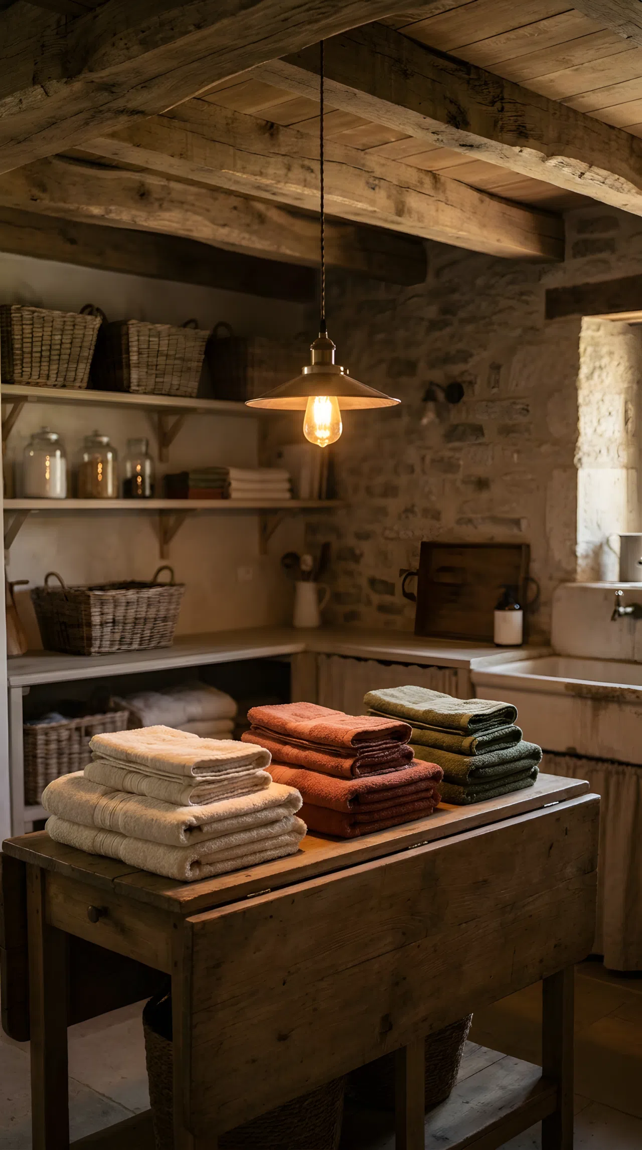 Real-life photograph of a rustic laundry room with a single warm-toned pendant light hanging low directly above a wood folding counter, casting focused bright natural light that pools onto neatly folded, beautifully arranged towels below, soft shadows around the edges of the room, exposed wood beam ceiling, organized and clean countertop, vibrant warm color palette, stock photography style, no illustration, no 3D render.