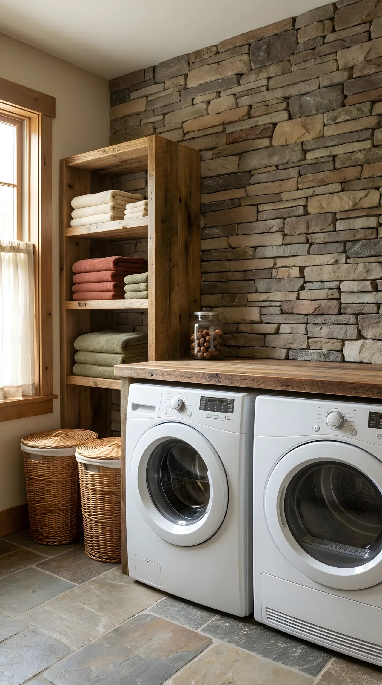 Real-life photograph of a rustic laundry room with a natural stone accent wall behind a modern white washer and dryer, neatly arranged laundry baskets beside the machines, folded linens beautifully arranged on an open wood shelf nearby, bright natural light from a side window, clean organized floor, vibrant earthy tones, stock photography style, no illustration, no 3D render.