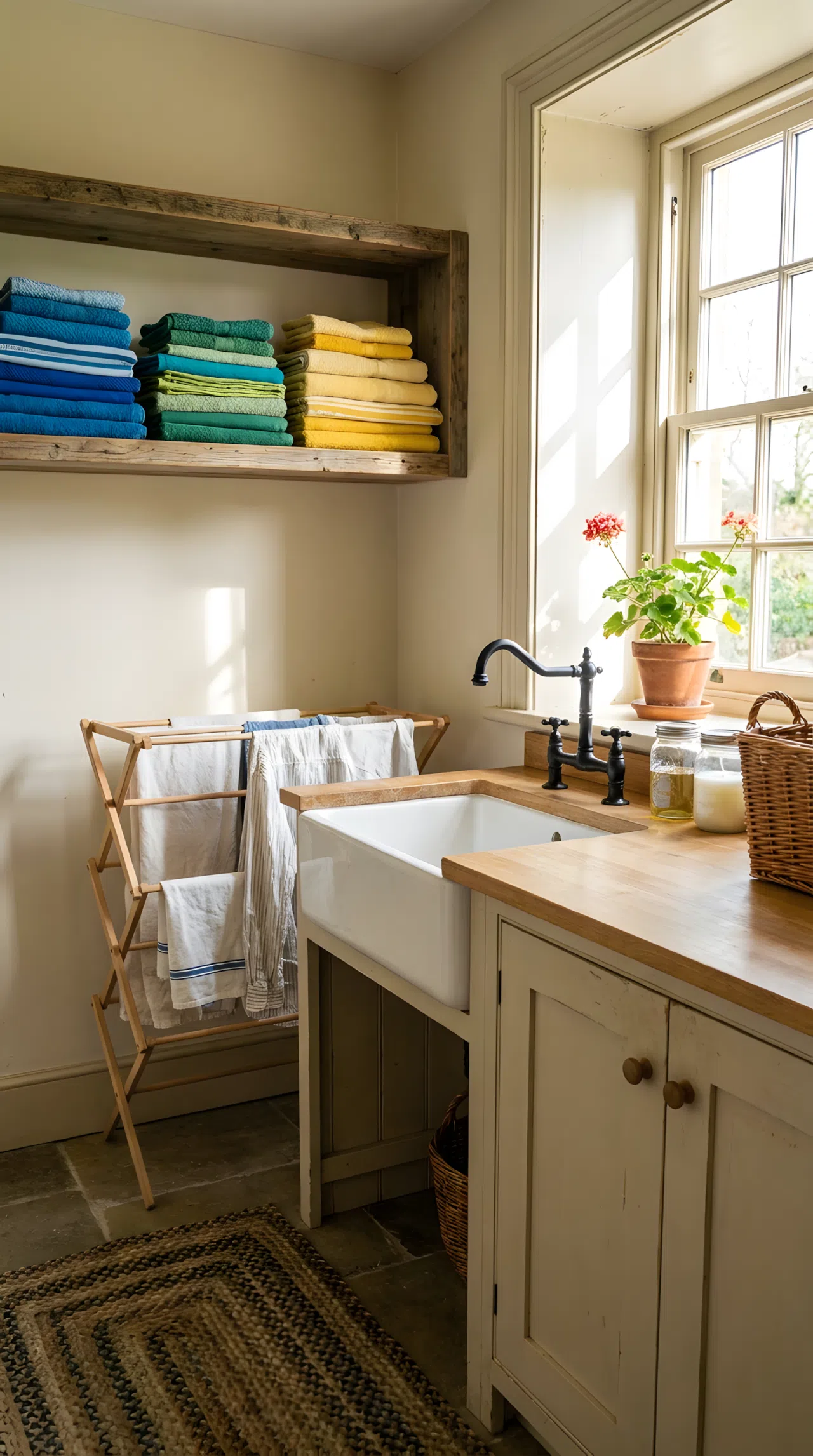 Real-life photograph of a rustic laundry room featuring a deep vintage farmhouse sink with black wrought iron faucet, neatly folded cloths beautifully arranged on an open wood shelf above, a small drying rack with hanging linens beside it, bright natural light through a window, clean organized counter space, vibrant fresh color tones, stock photography style, no illustration, no 3D render.