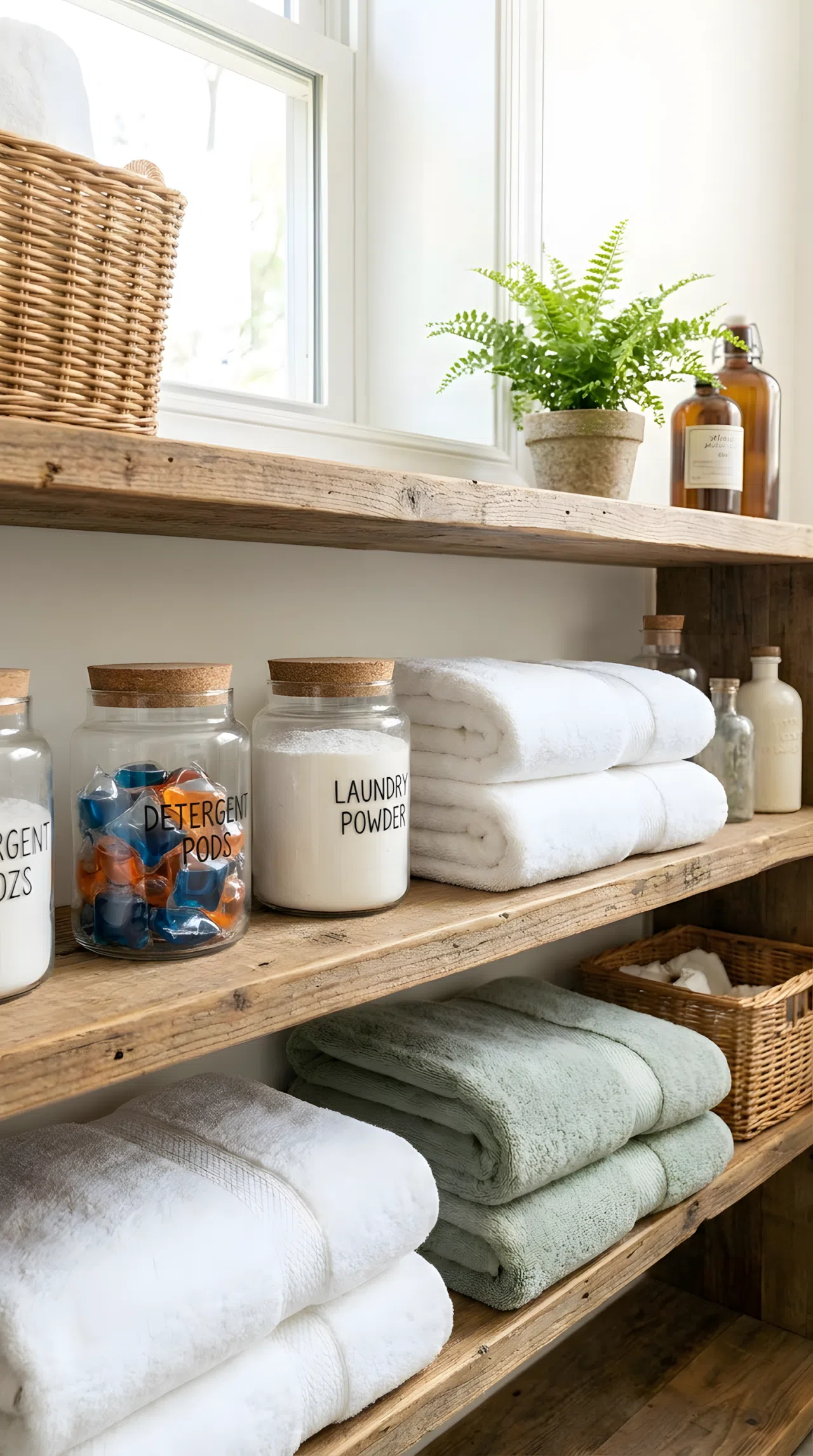 Real-life photograph of open rustic wood shelving in a laundry room, filled with neatly arranged labeled glass jars containing detergent pods and powder, folded towels beautifully stacked beside them, bright natural light illuminating the shelf, clean organized composition, vibrant fresh colors, stock photography style, no illustration, no 3D render.