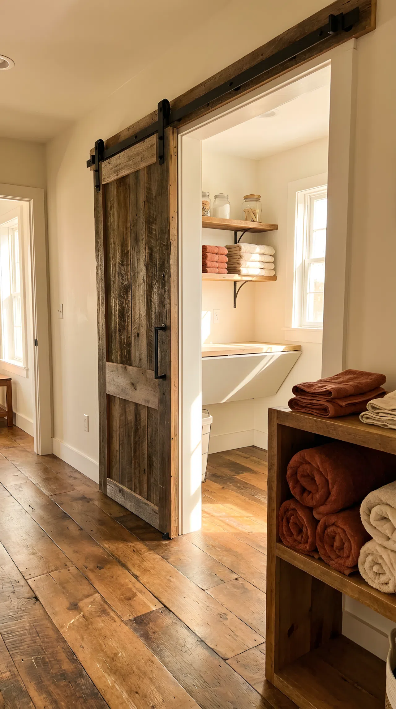 Real-life photograph of a rustic laundry room with a sliding reclaimed wood barn door on black iron hardware, partially open to reveal neatly organized shelves and a folding counter inside, bright natural light spilling through, clean hallway floor, folded towels beautifully arranged on a nearby shelf, vibrant warm tones, stock photography style, no illustration, no 3D render.