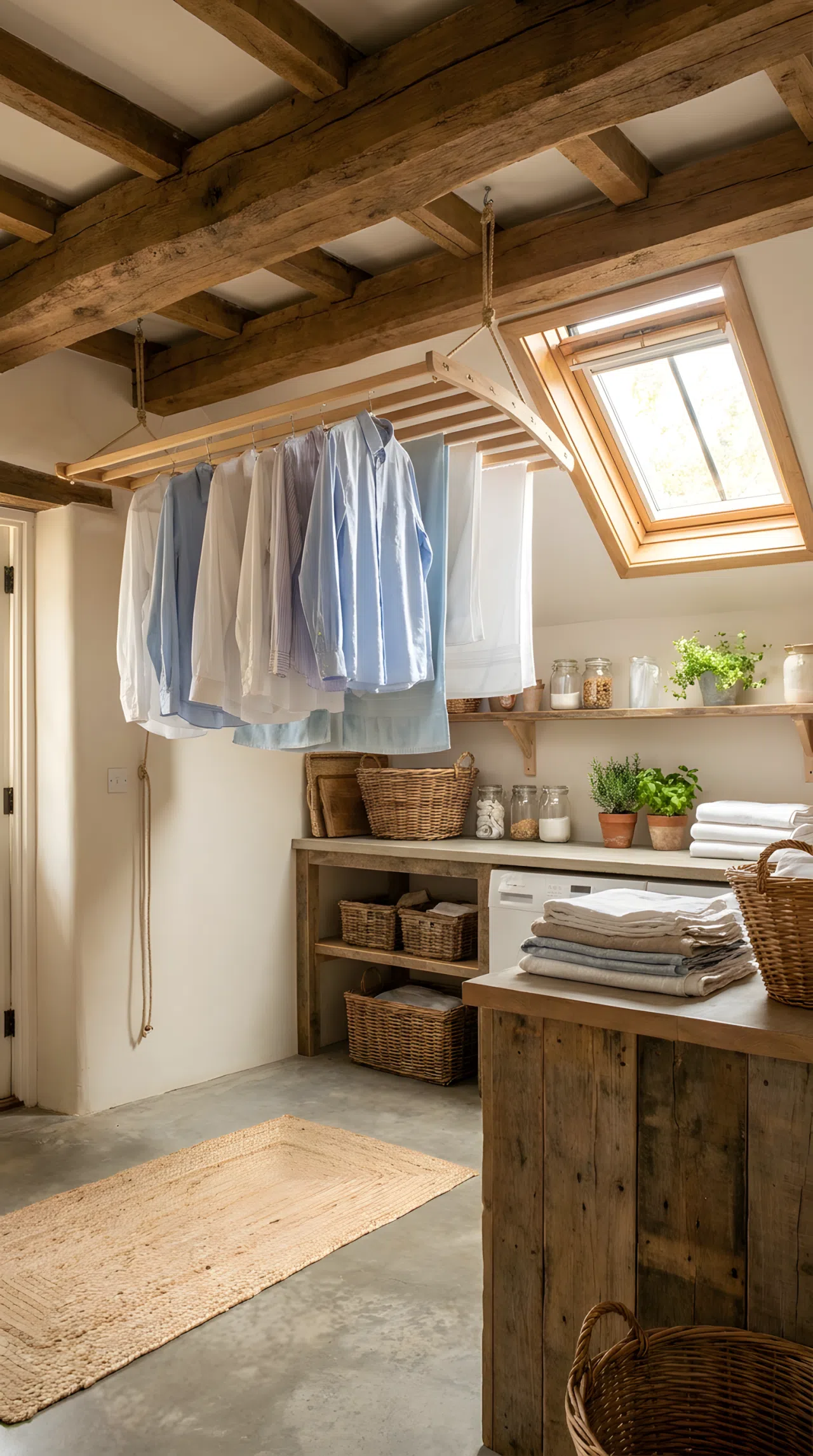 Real-life photograph of a rustic laundry room with exposed wood ceiling beams, a wooden slatted hanging drying rack suspended from the beam holding neatly arranged clothes, bright natural light from a skylight above, clean organized floor below, folded laundry beautifully arranged on a counter nearby, vibrant fresh tones, stock photography style, no illustration, no 3D render.